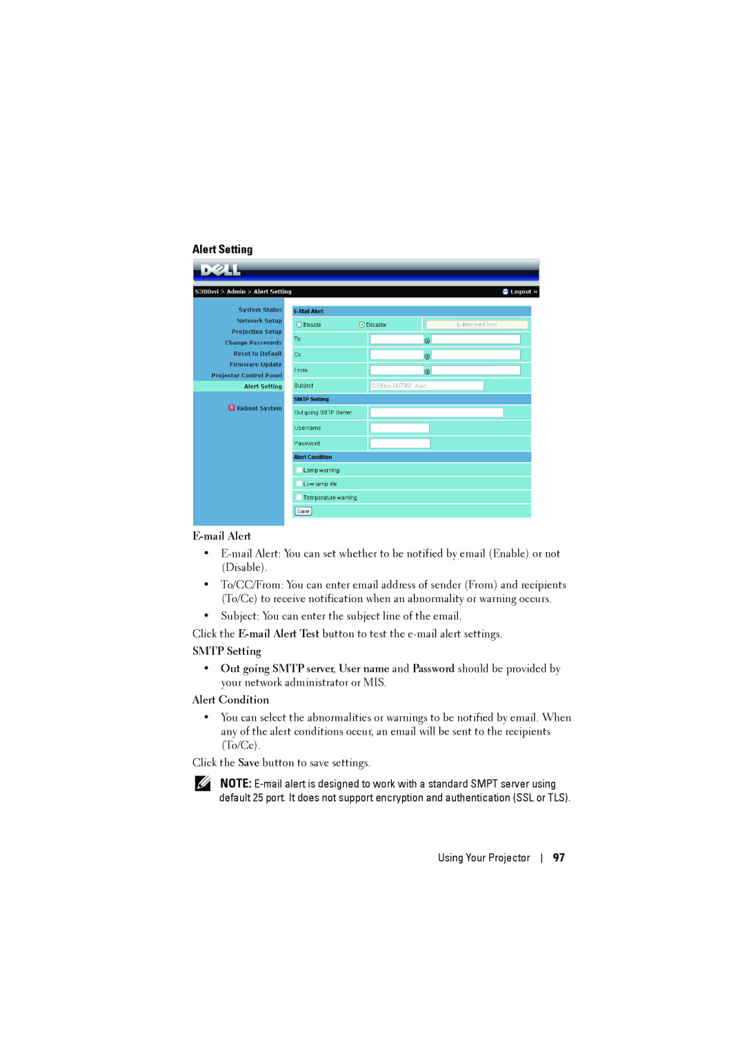 Dell S300wi manual Alert Setting, Mail Alert 