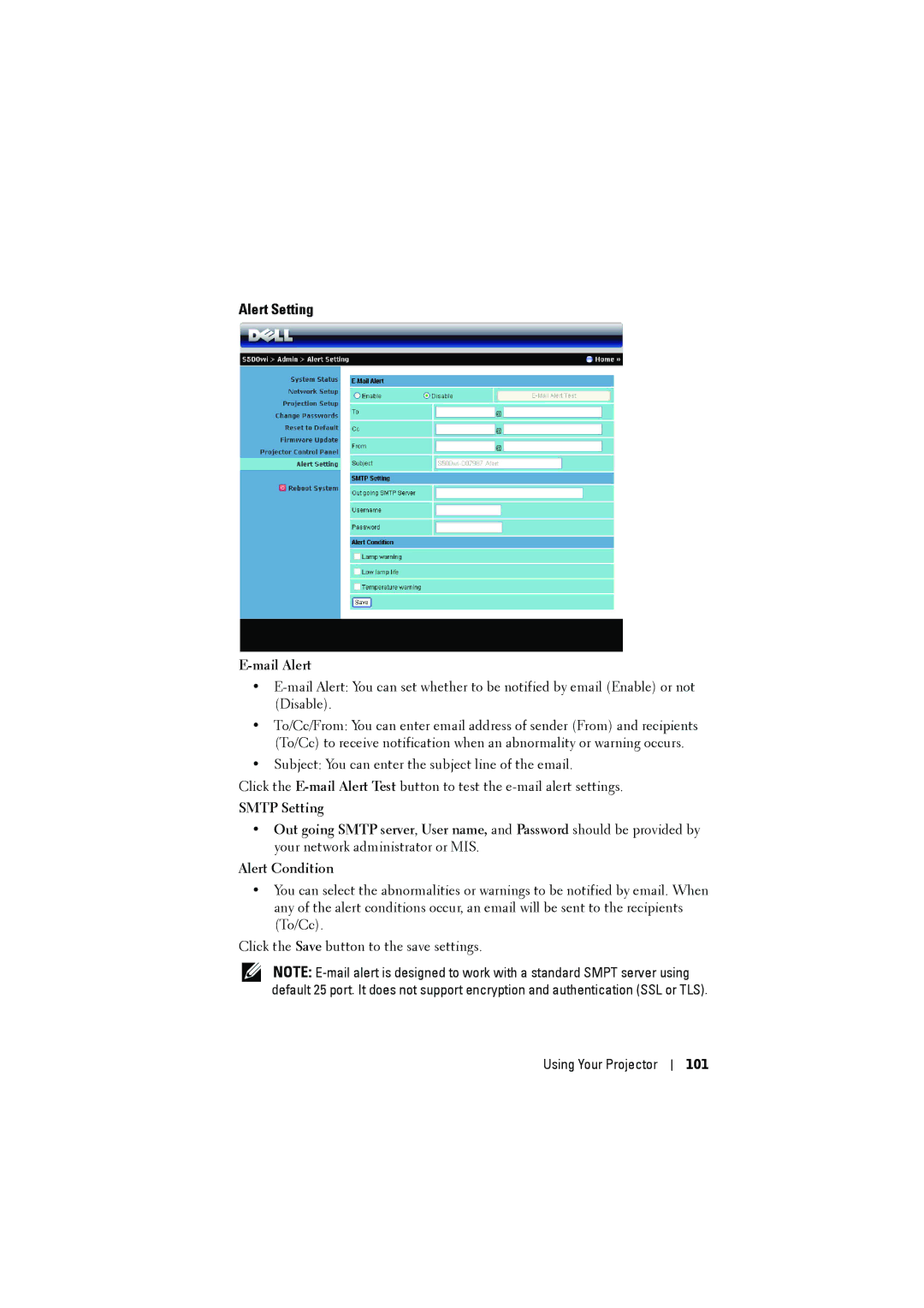 Dell S500WI manual Alert Setting, Mail Alert, Using Your Projector 101 