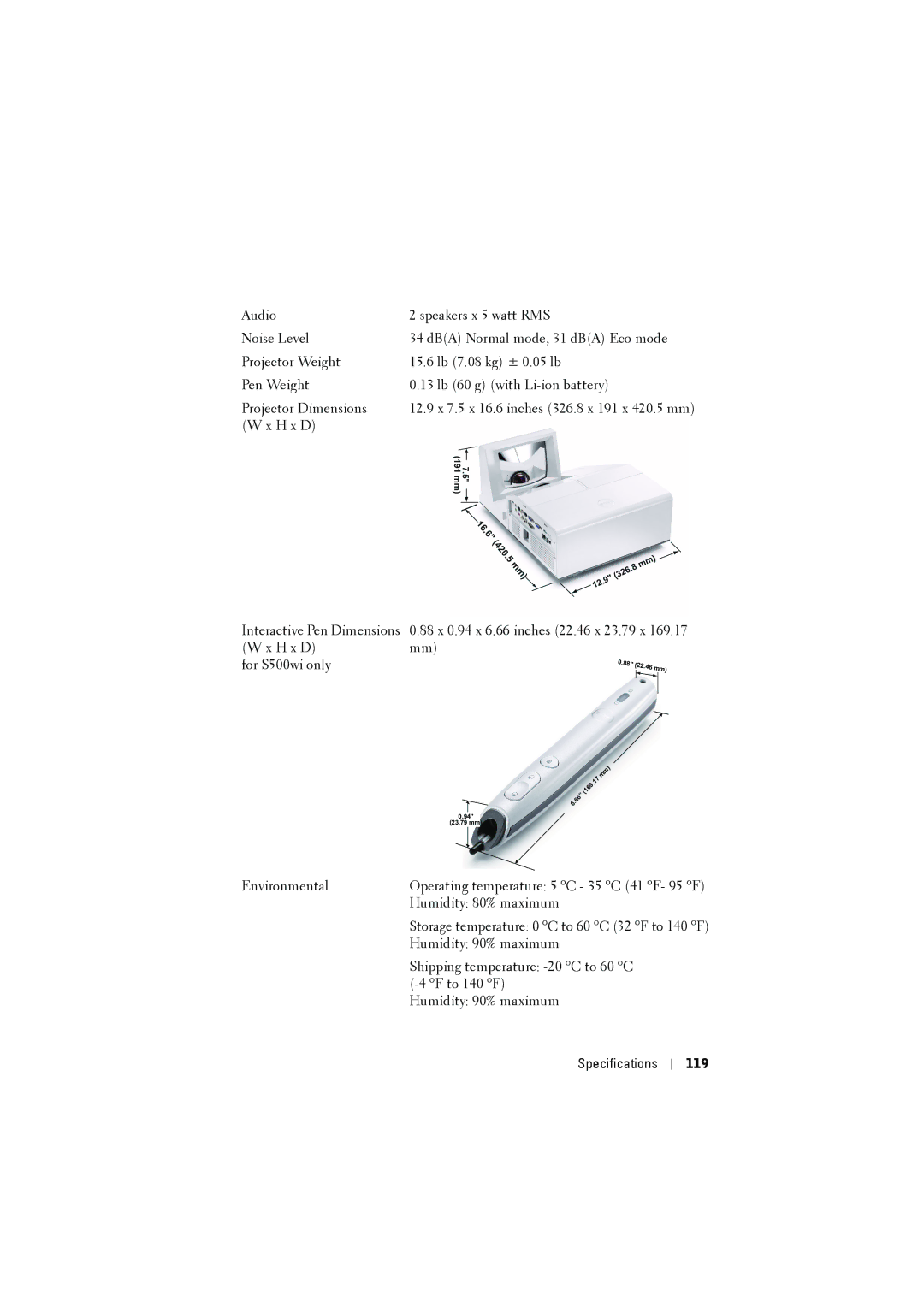 Dell S500WI manual Specifications 119 