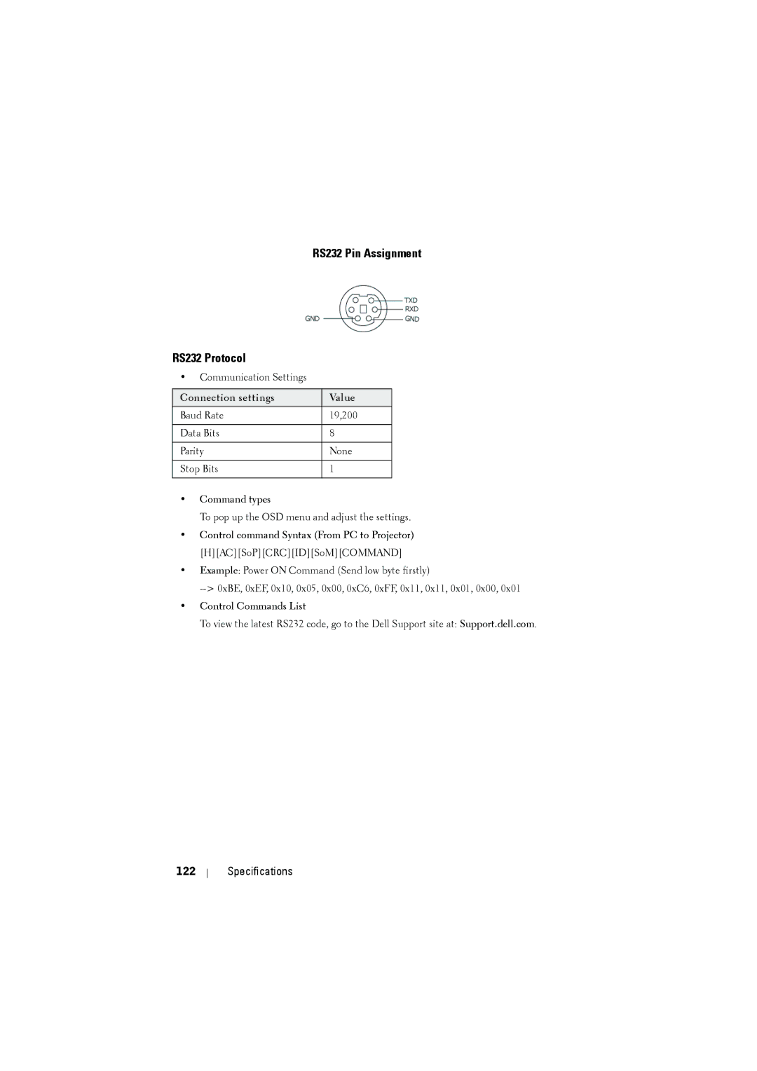 Dell S500WI manual RS232 Pin Assignment RS232 Protocol, Specifications 