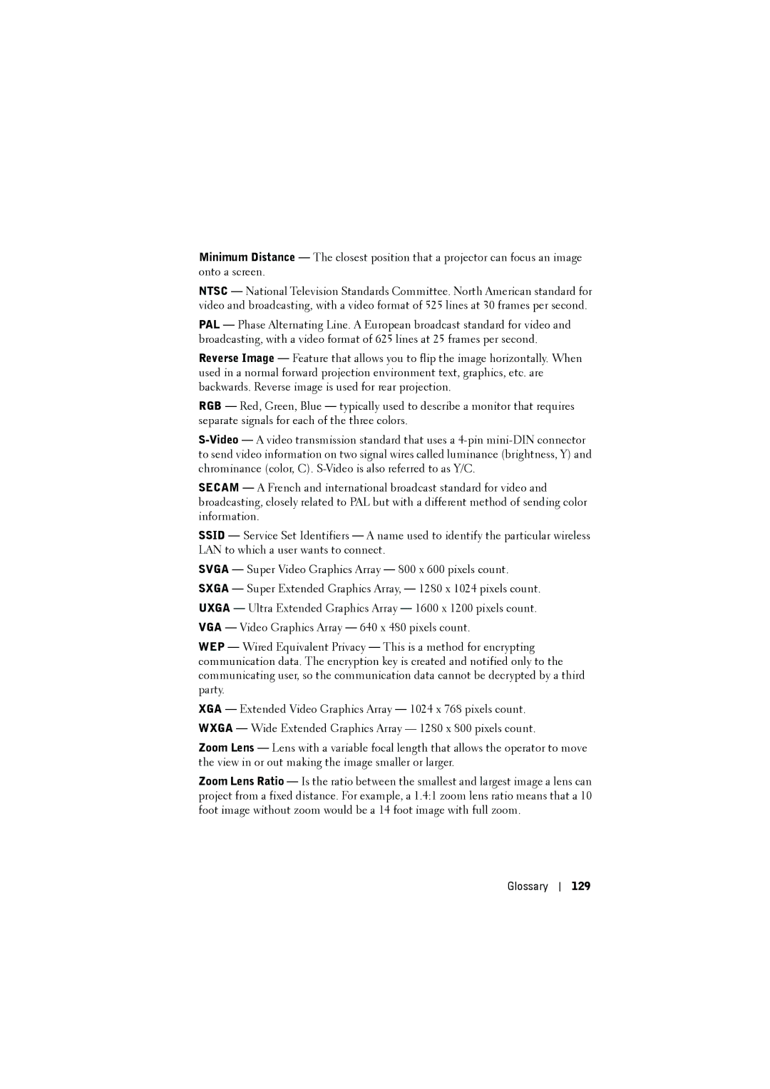 Dell S500WI manual Glossary 129 