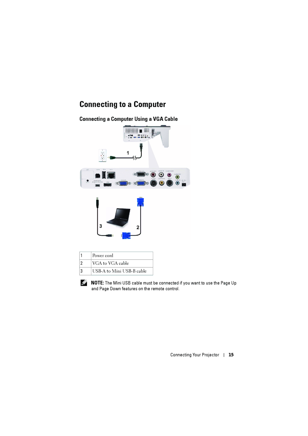 Dell S500WI manual Connecting to a Computer, Connecting a Computer Using a VGA Cable 