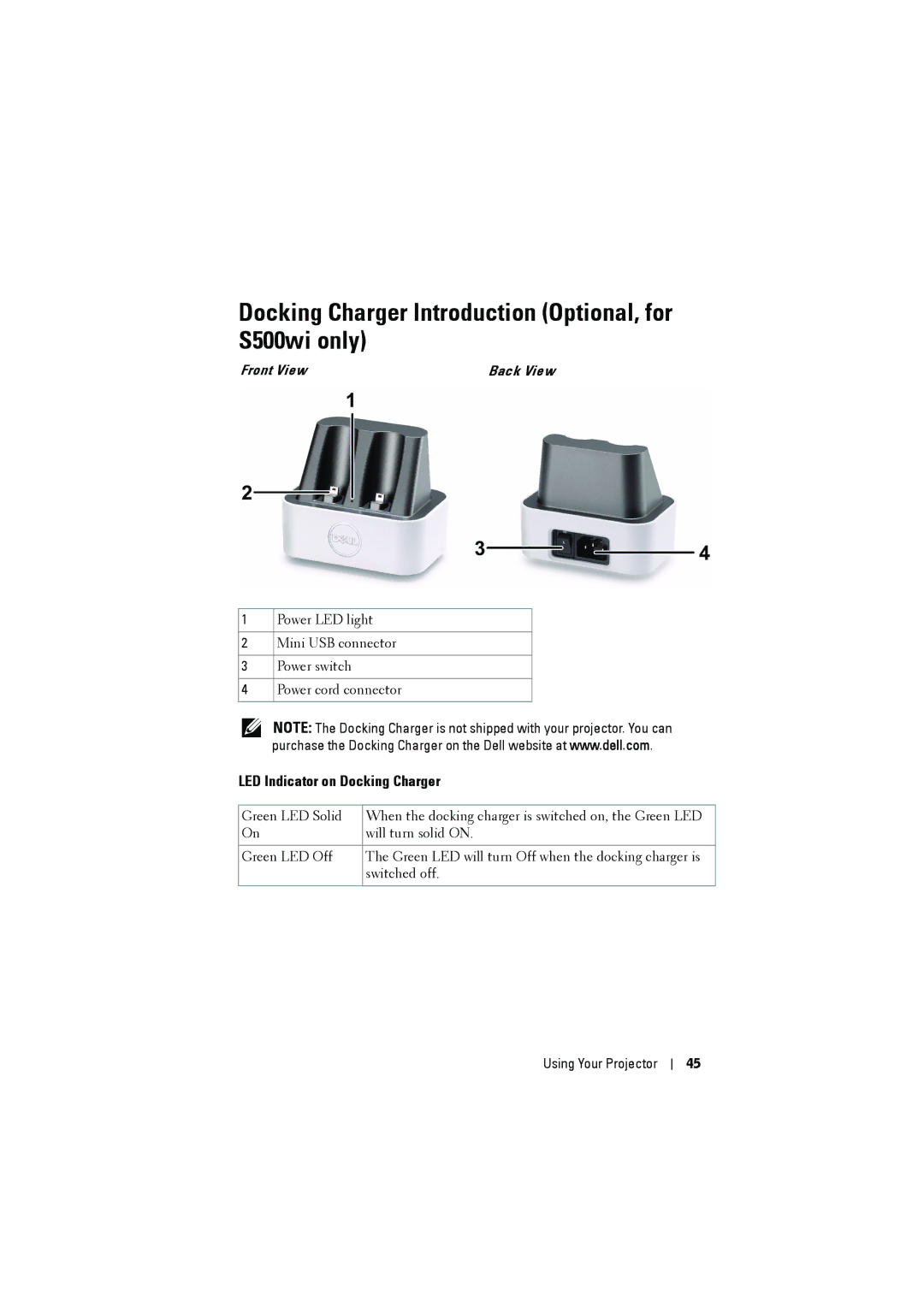 Dell S500WI manual Docking Charger Introduction Optional, for S500wi only, LED Indicator on Docking Charger 