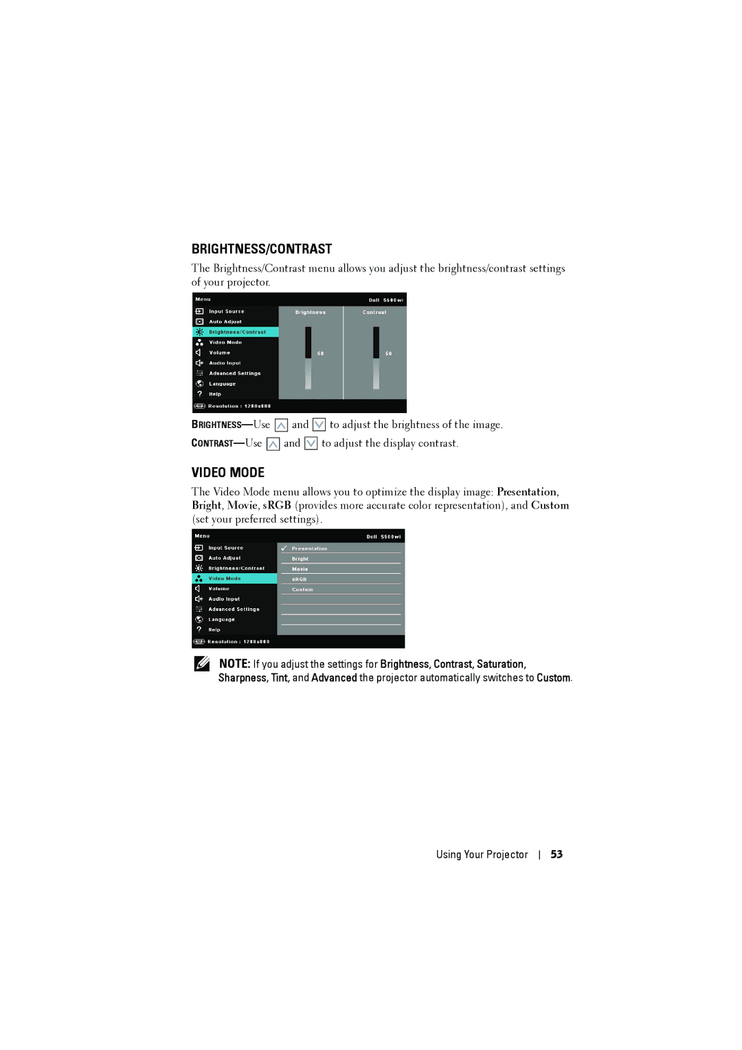 Dell S500WI manual Brightness/Contrast 