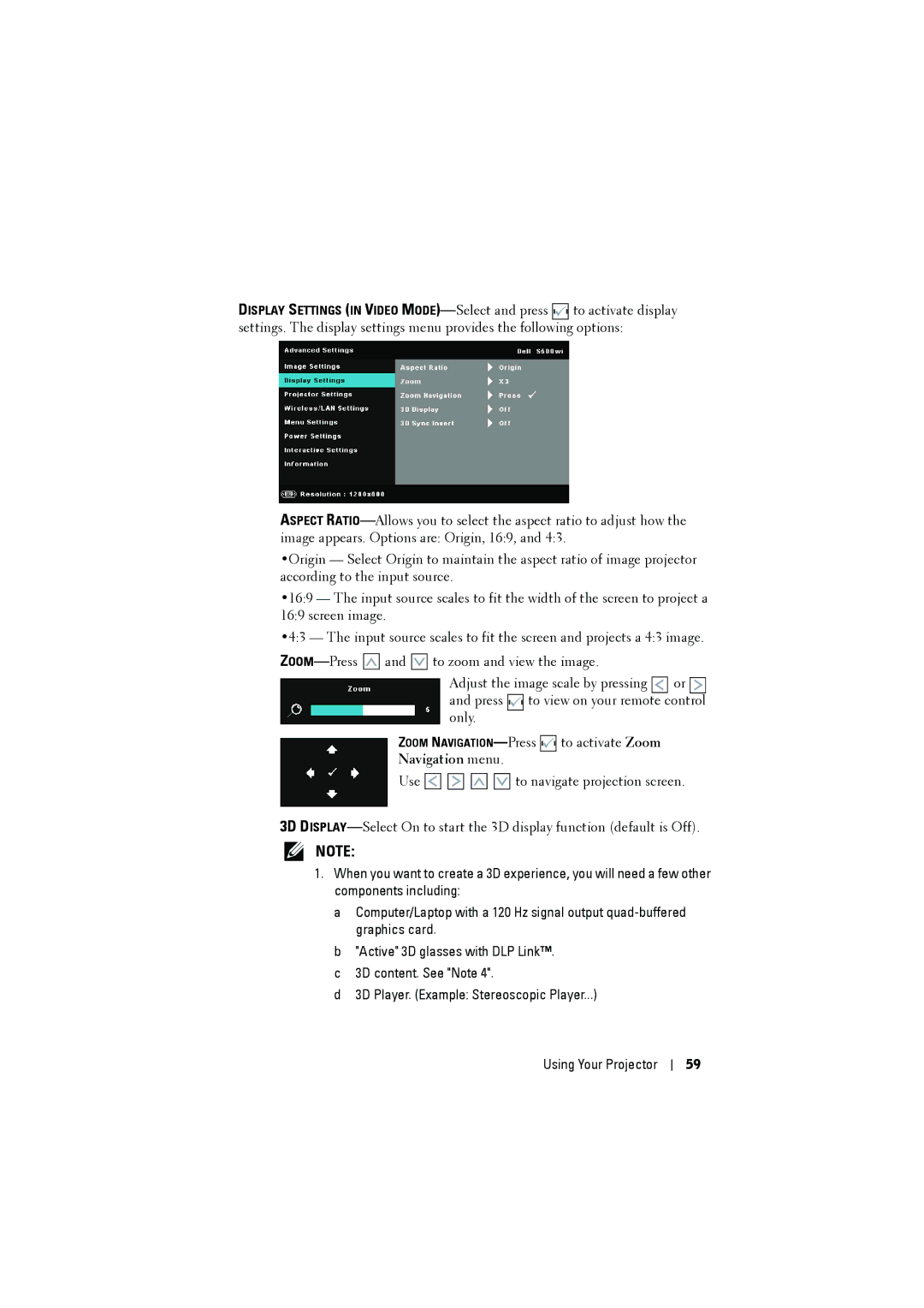 Dell S500WI manual Zoom NAVIGATION-Press to activate Zoom Navigation menu 