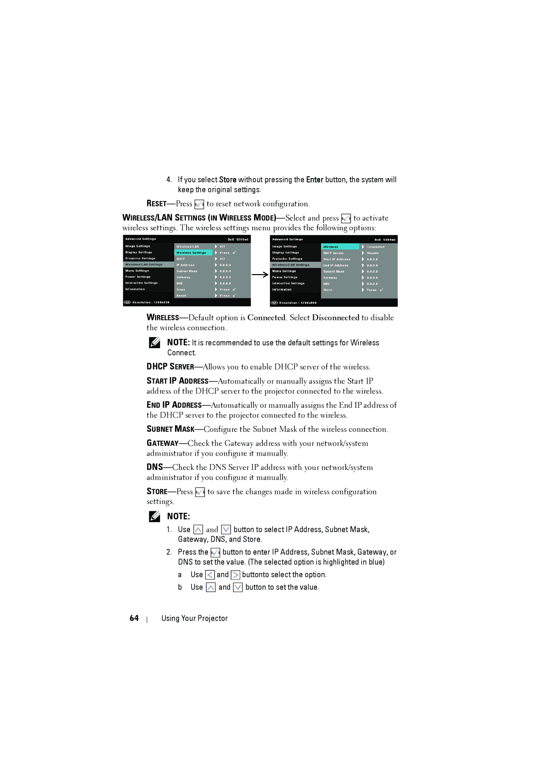 Dell S500WI manual RESET-Press to reset network configuration 