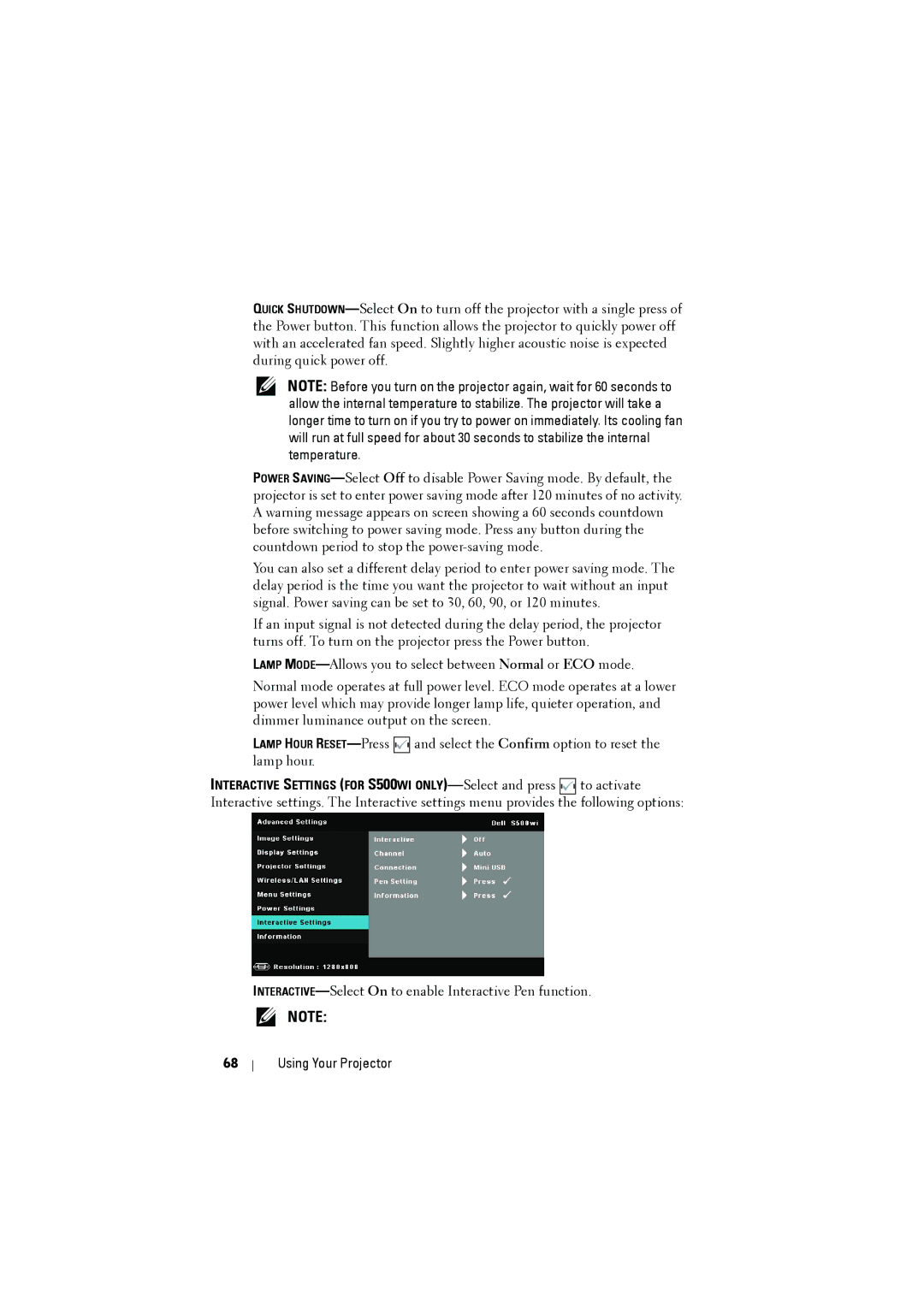 Dell S500WI manual INTERACTIVE-Select On to enable Interactive Pen function 