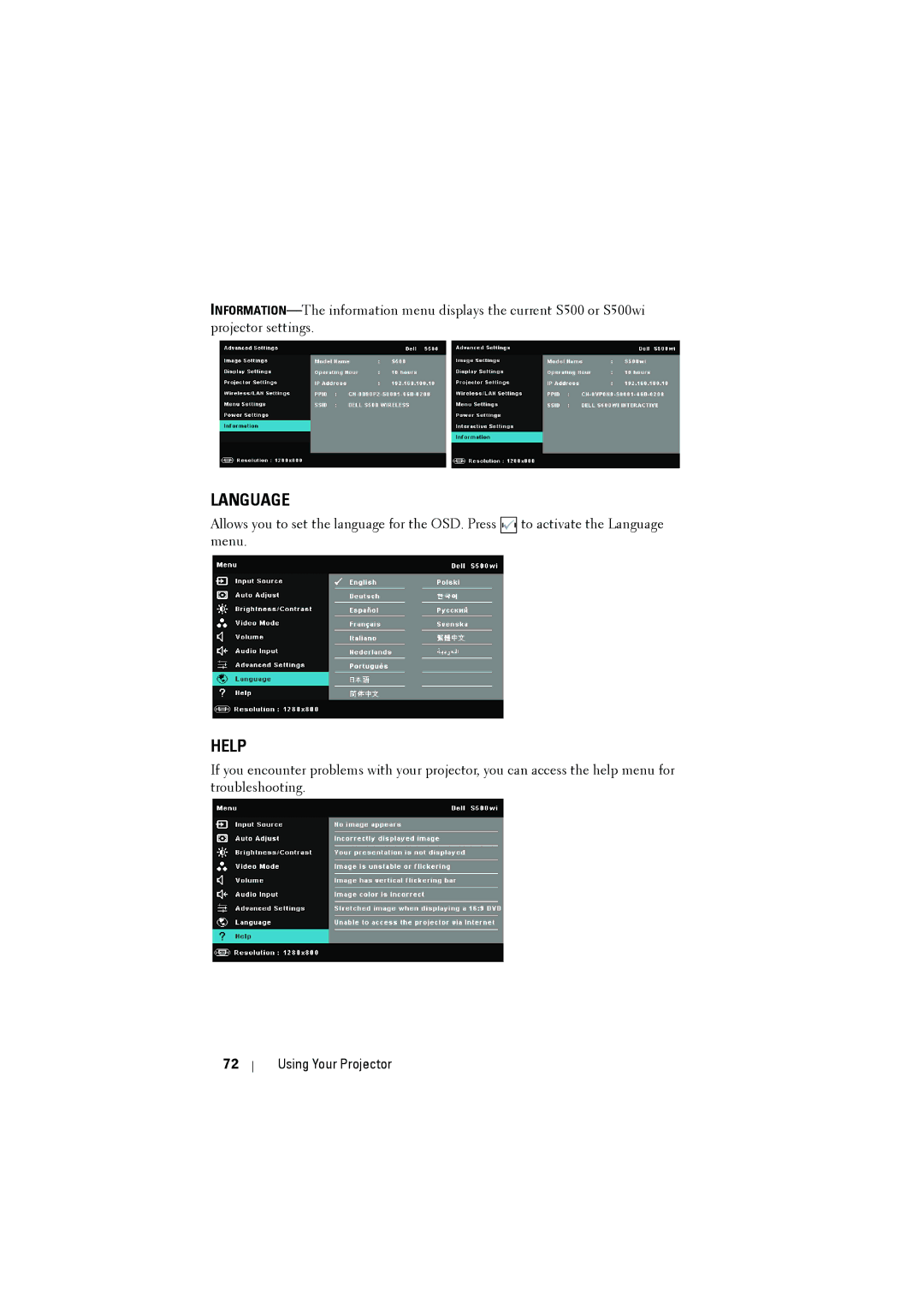 Dell S500WI manual Language 