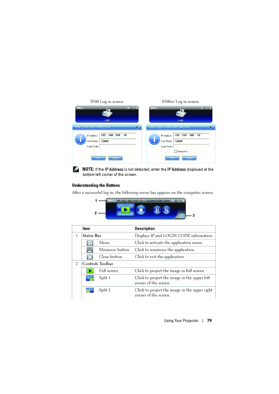 Dell S500WI manual Understanding the Buttons, Status Bar, Controls Toolbar 