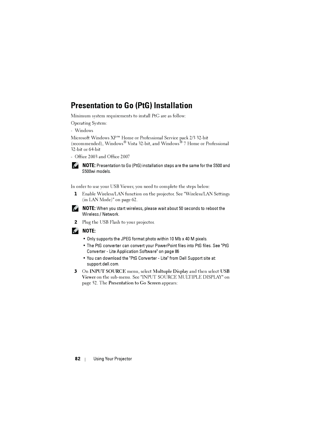 Dell S500WI manual Presentation to Go PtG Installation 