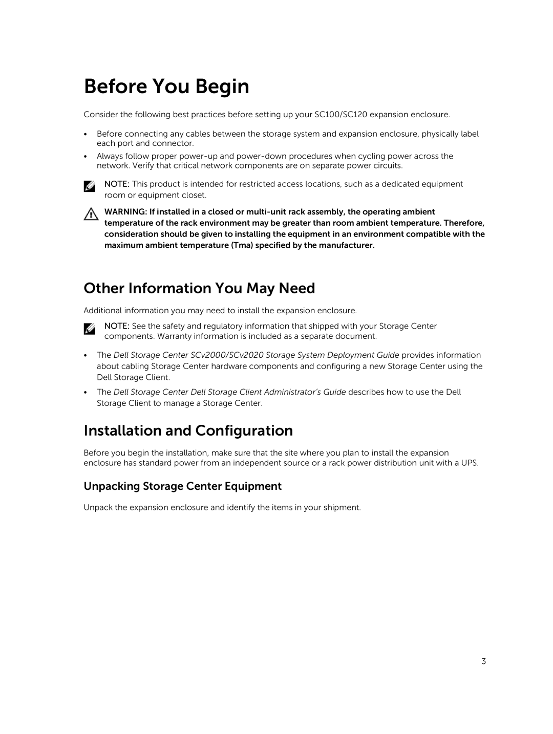 Dell SC120, SC100 manual Before You Begin, Unpacking Storage Center Equipment 