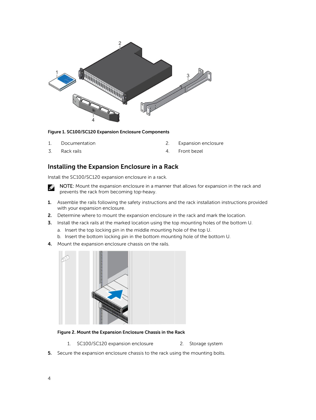 Dell manual Installing the Expansion Enclosure in a Rack, SC100/SC120 Expansion Enclosure Components 