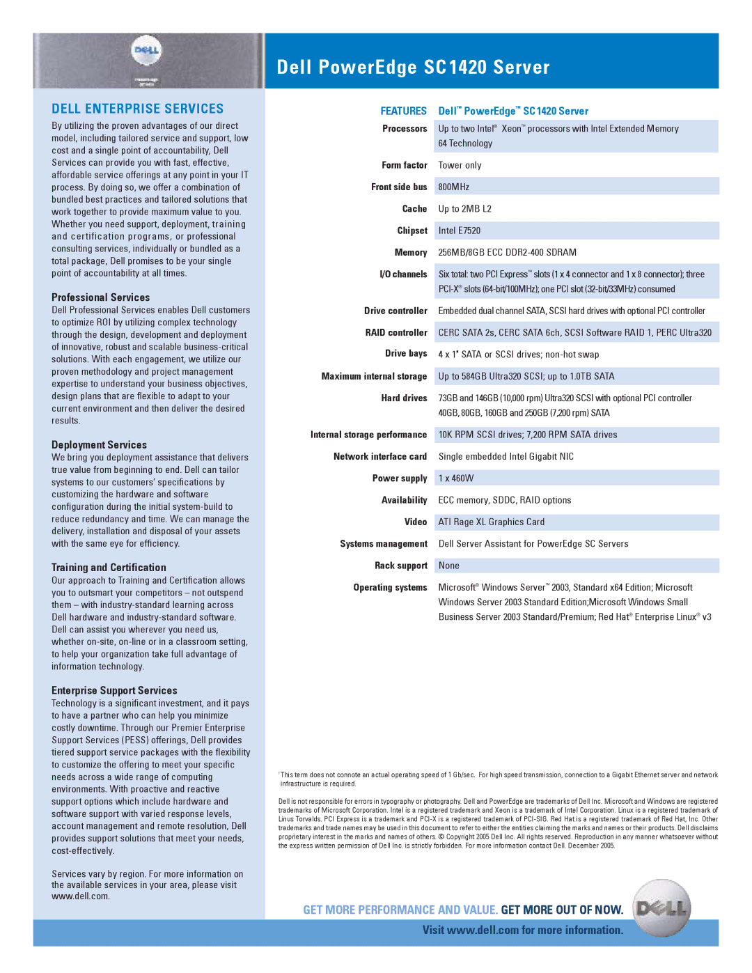 Dell SC1420 manual Professional Services, Deployment Services, Training and Certification, Enterprise Support Services 