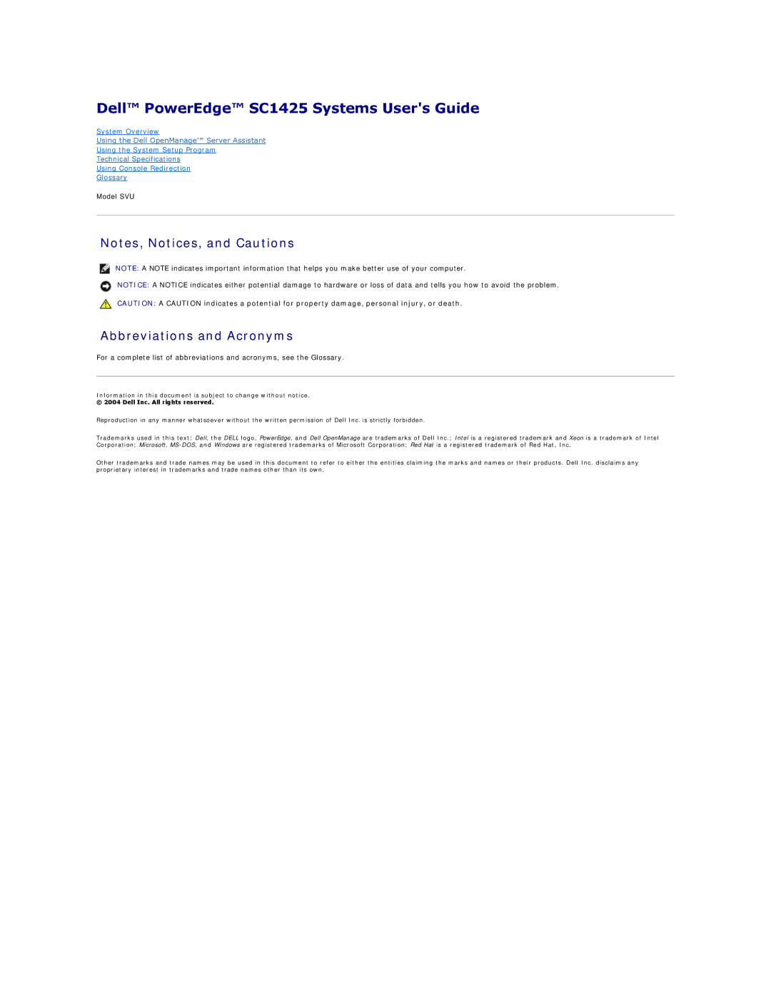 Dell technical specifications Dell PowerEdge SC1425 Systems Users Guide, Abbreviations and Acronyms 