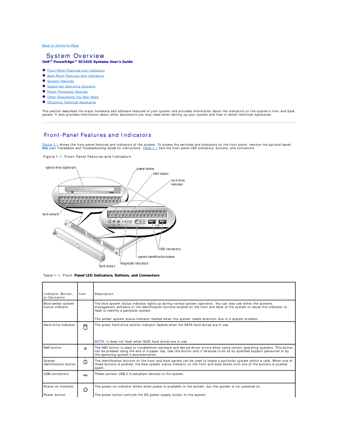 Dell SC1425 System Overview, Front-Panel Features and Indicators, Indicator, Button Icon Description Or Connector 