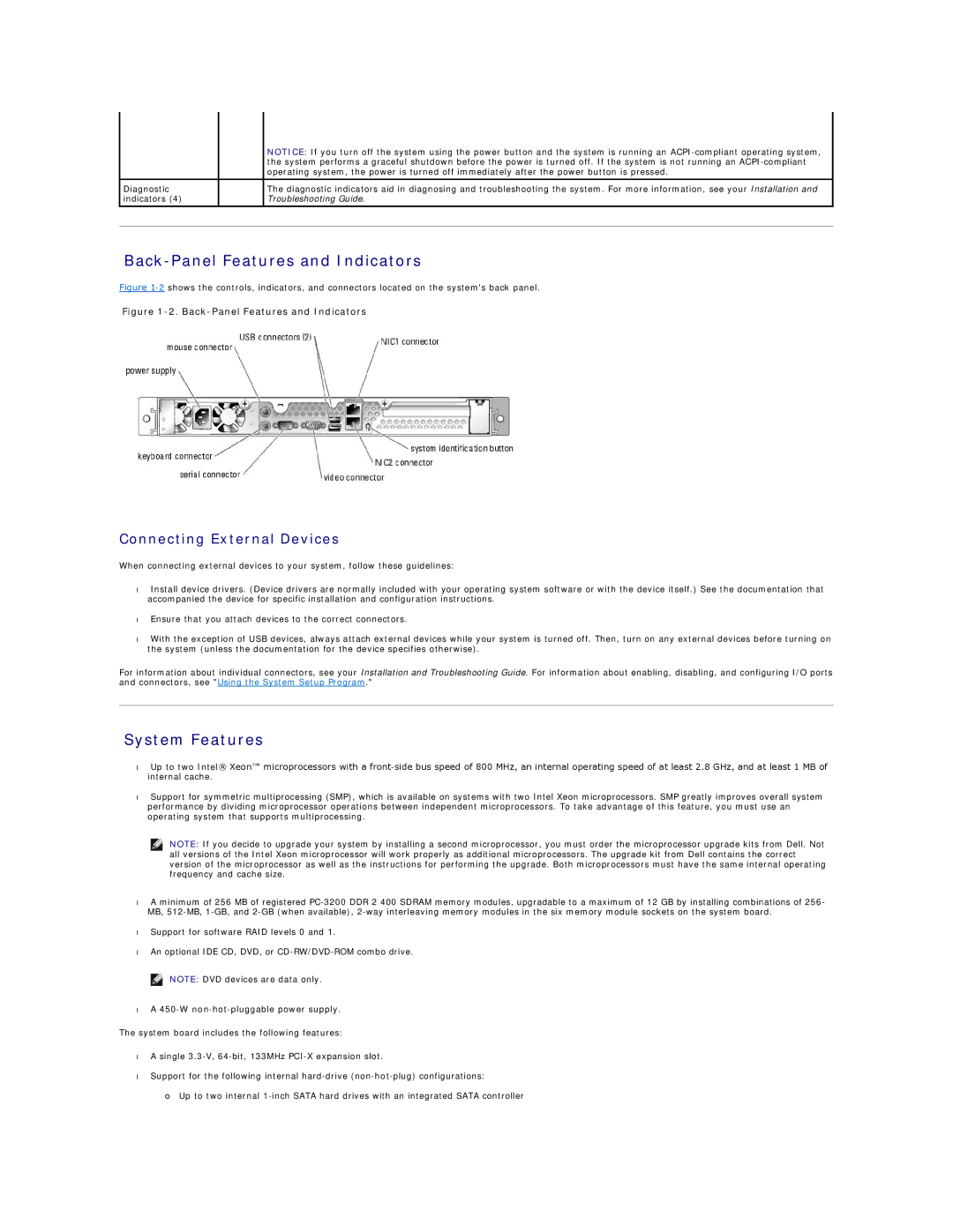 Dell SC1425 technical specifications Back-Panel Features and Indicators, System Features, Connecting External Devices 