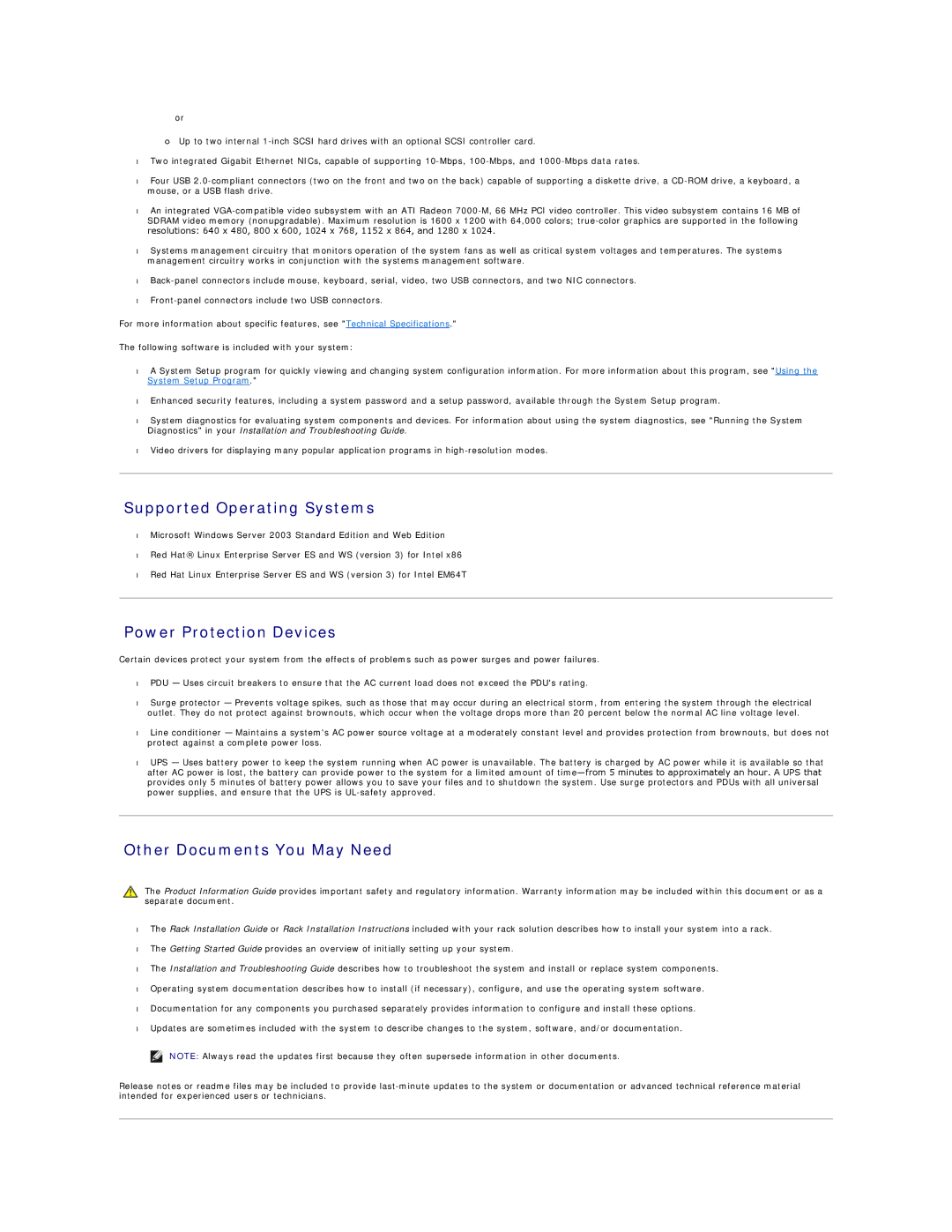 Dell SC1425 technical specifications Supported Operating Systems, Power Protection Devices, Other Documents You May Need 