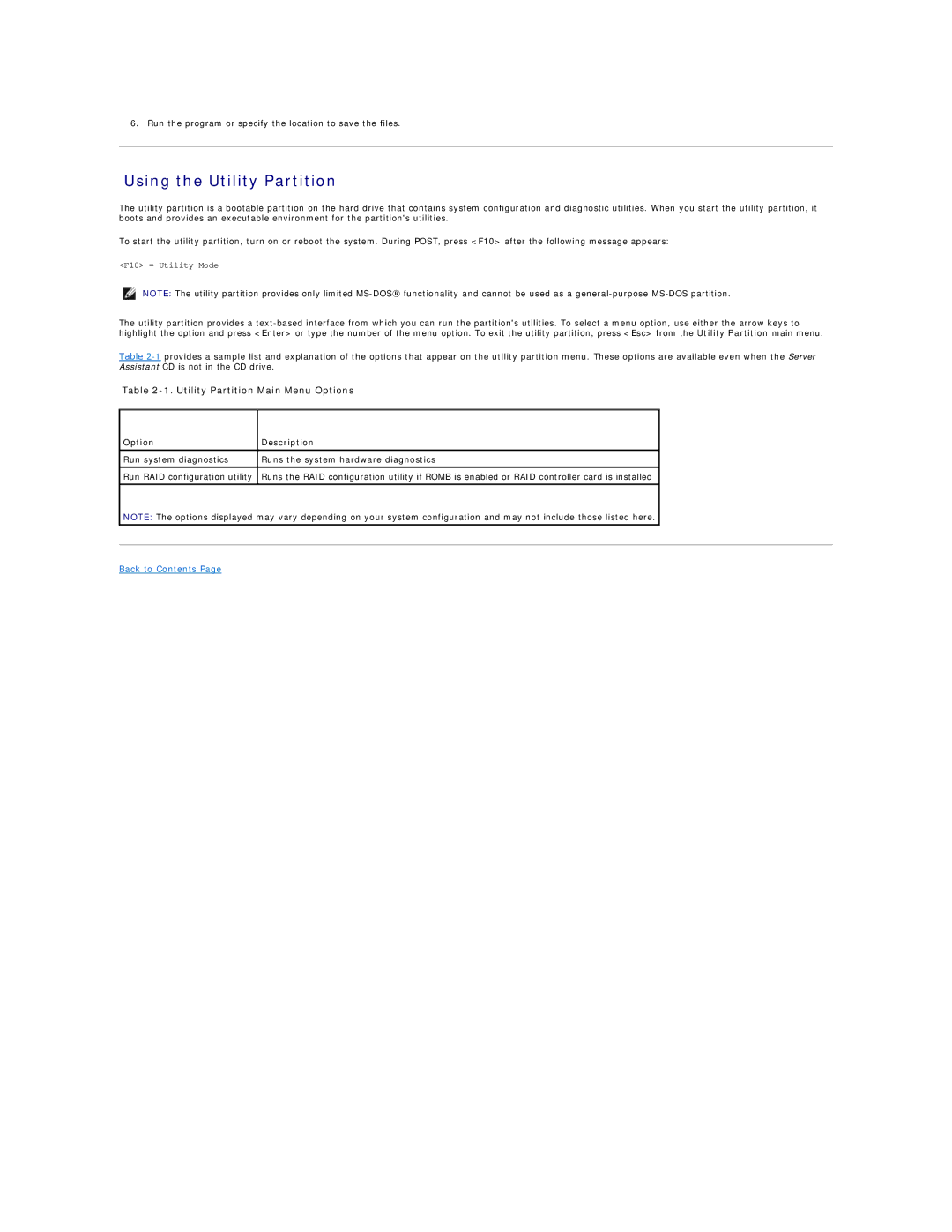 Dell SC1425 technical specifications Using the Utility Partition, Utility Partition Main Menu Options, Option Description 