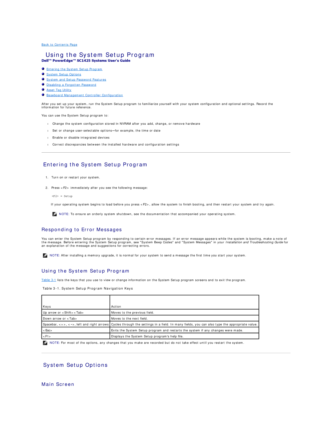 Dell SC1425 Using the System Setup Program, Entering the System Setup Program, System Setup Options 