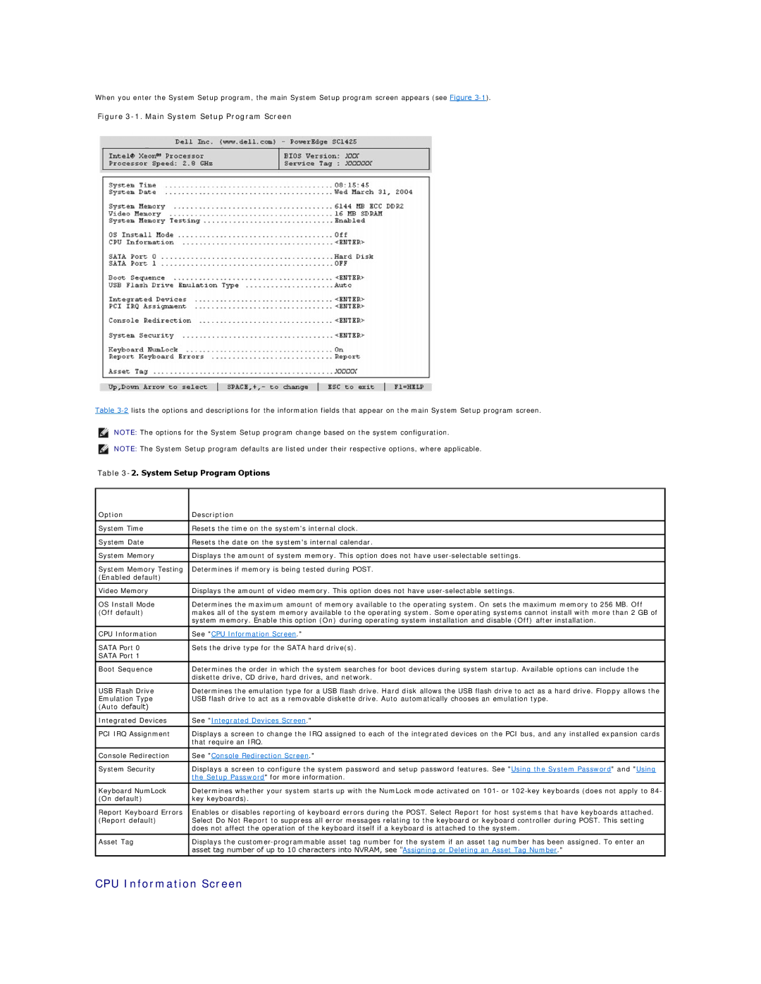 Dell SC1425 technical specifications CPU Information Screen, System Setup Program Options 