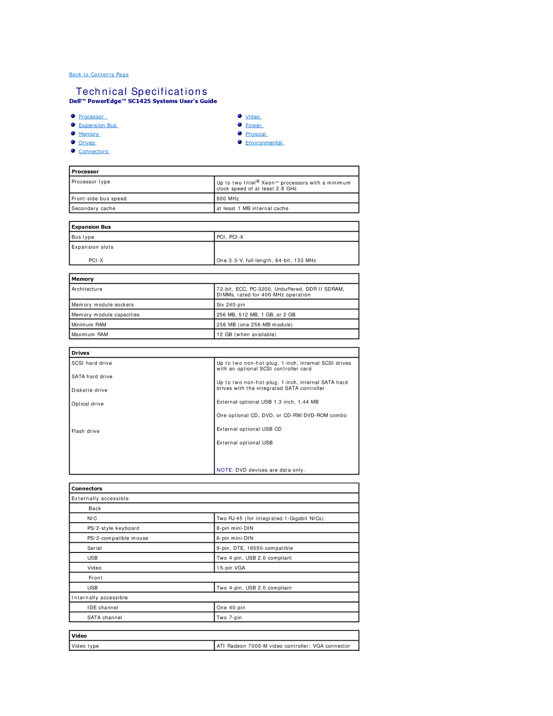 Dell SC1425 technical specifications Technical Specifications 