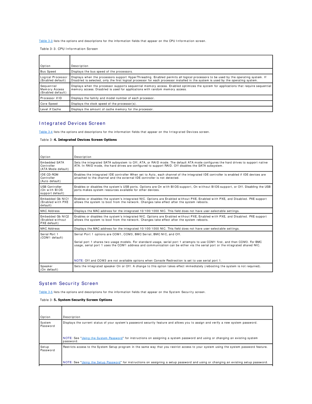 Dell SC1425 technical specifications System Security Screen, CPU Information Screen, Integrated Devices Screen Options 