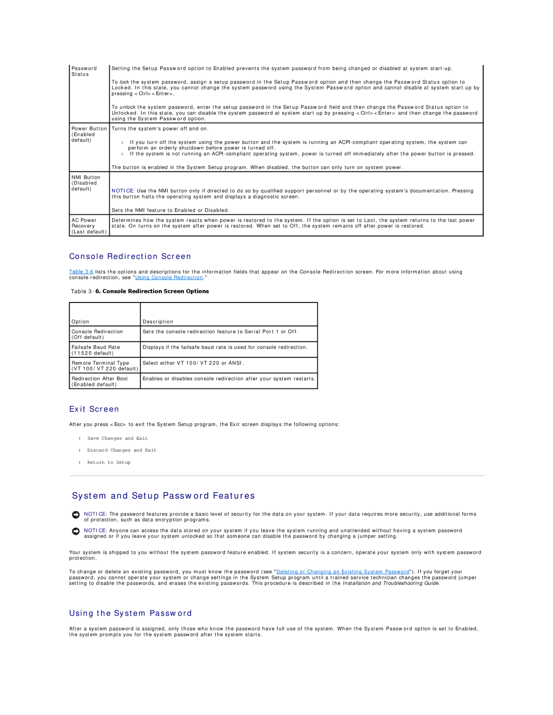 Dell SC1425 System and Setup Password Features, Console Redirection Screen, Exit Screen, Using the System Password 