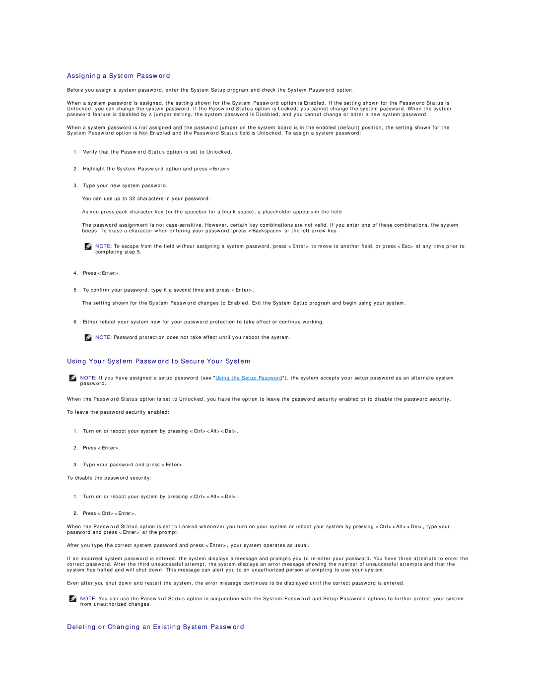 Dell SC1425 technical specifications Assigning a System Password 