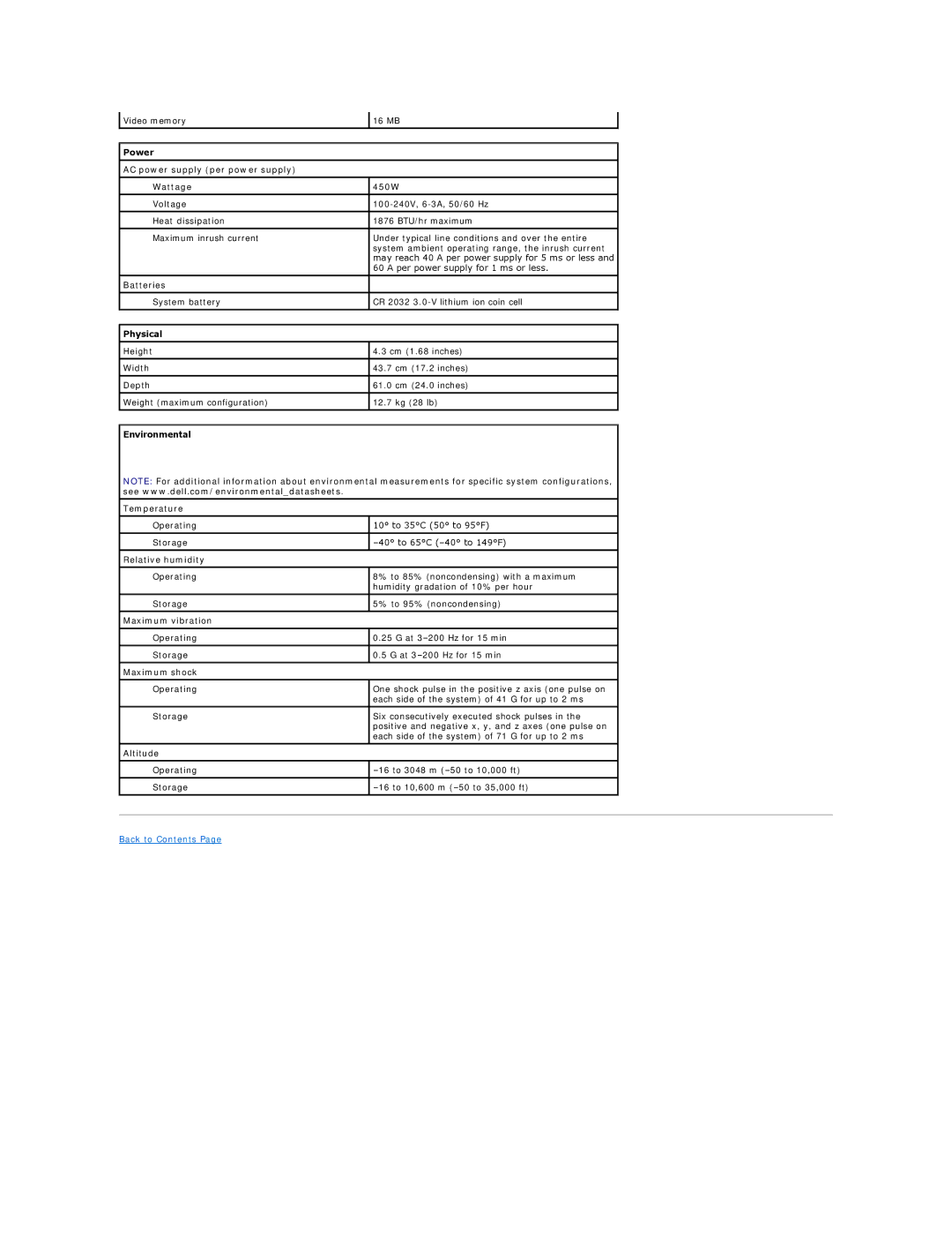 Dell SC1425 Power AC power supply per power supply, Batteries, Physical, Environmental Temperature, Relative humidity 