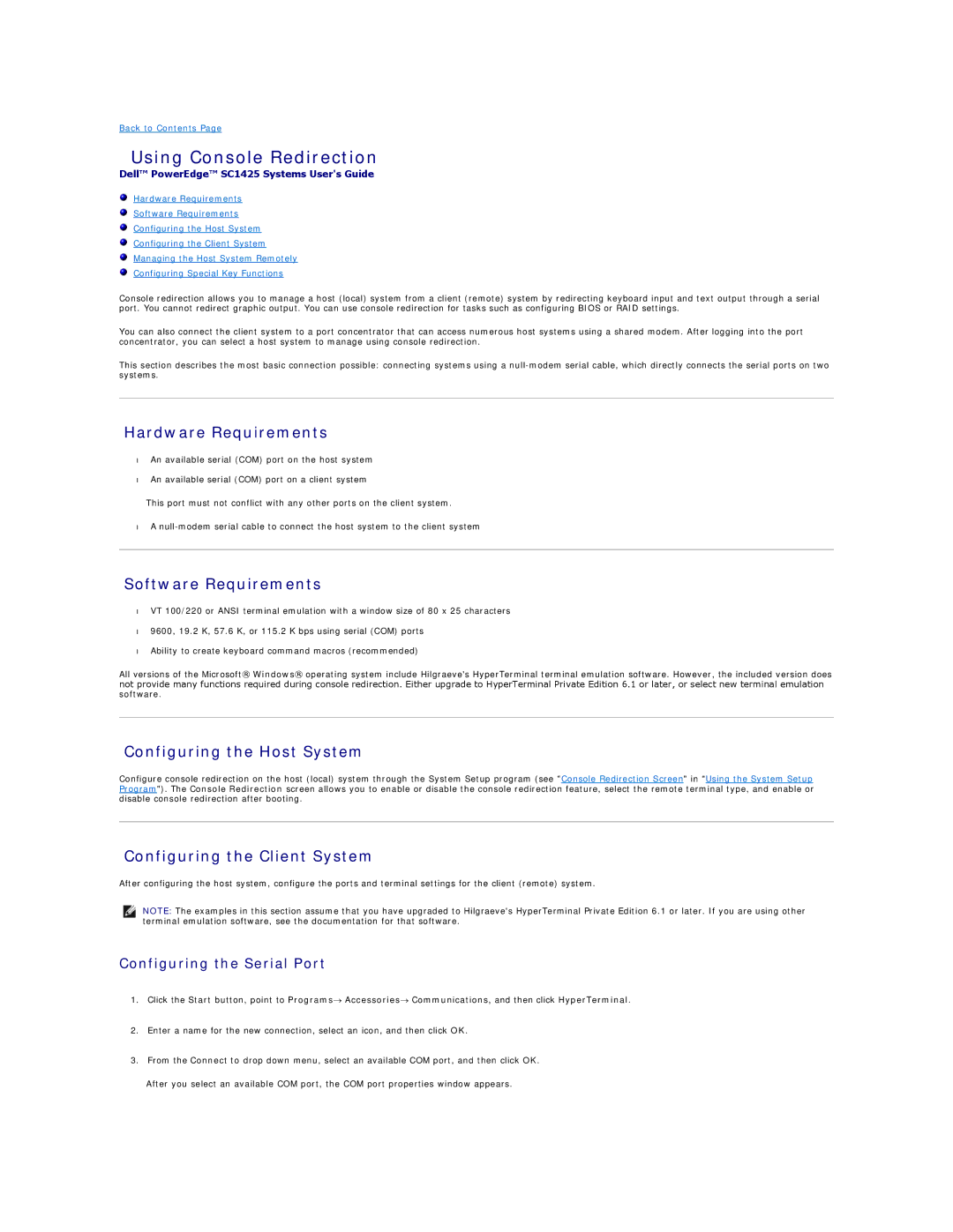 Dell SC1425 Using Console Redirection, Hardware Requirements, Software Requirements, Configuring the Host System 