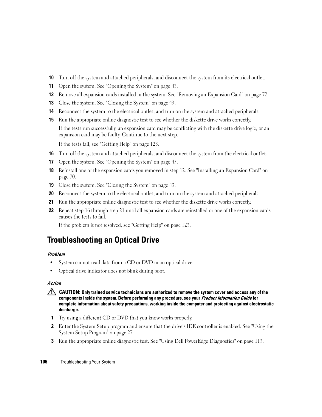 Dell SC1430 owner manual Troubleshooting an Optical Drive 