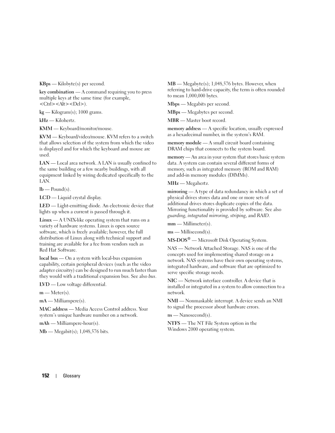 Dell SC1430 owner manual 152, LVD Low voltage differential Meters MA Milliamperes 