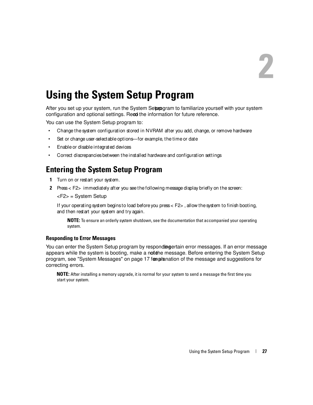 Dell SC1430 owner manual Entering the System Setup Program, Responding to Error Messages, Using the System Setup Program 