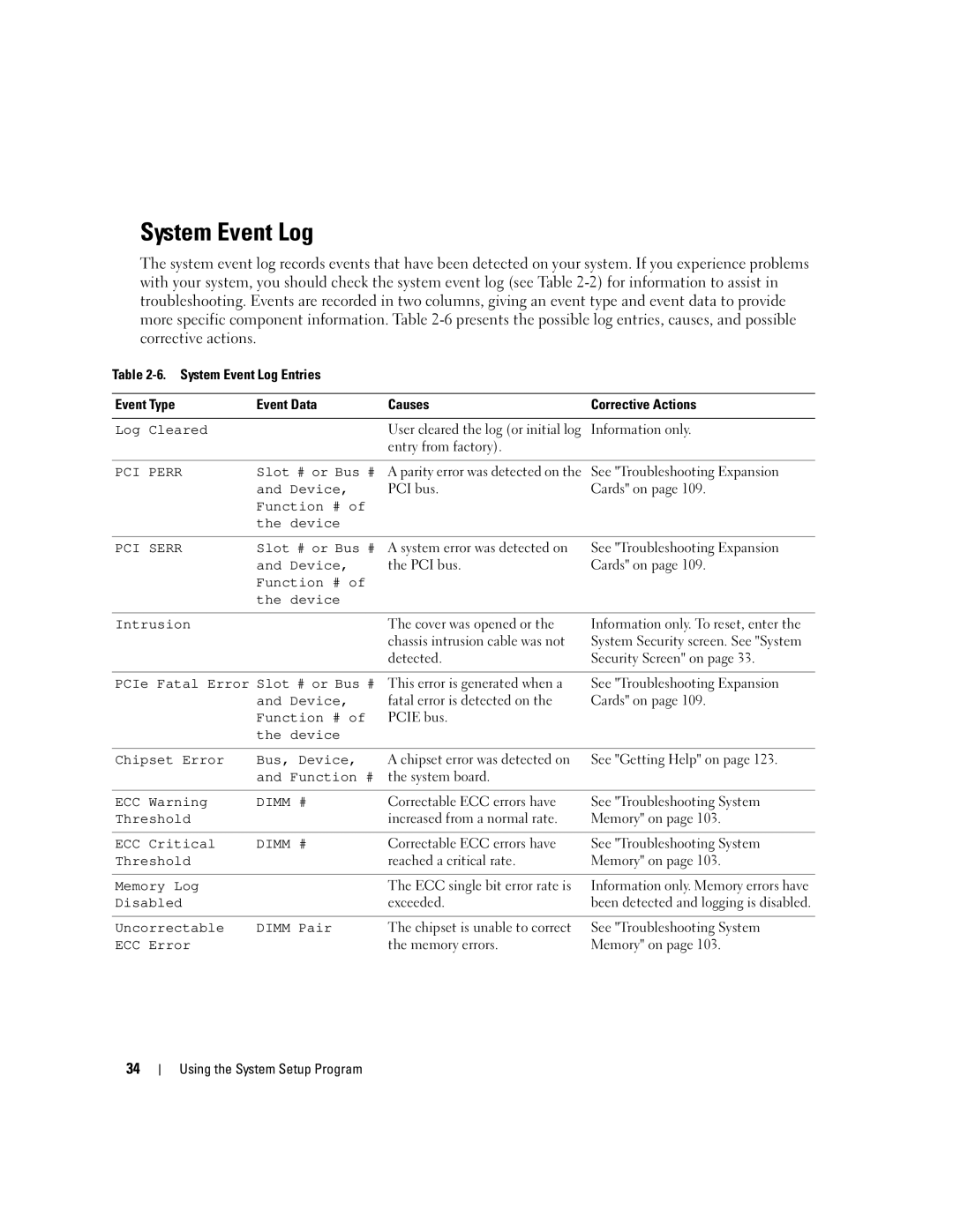 Dell SC1430 owner manual System Event Log 