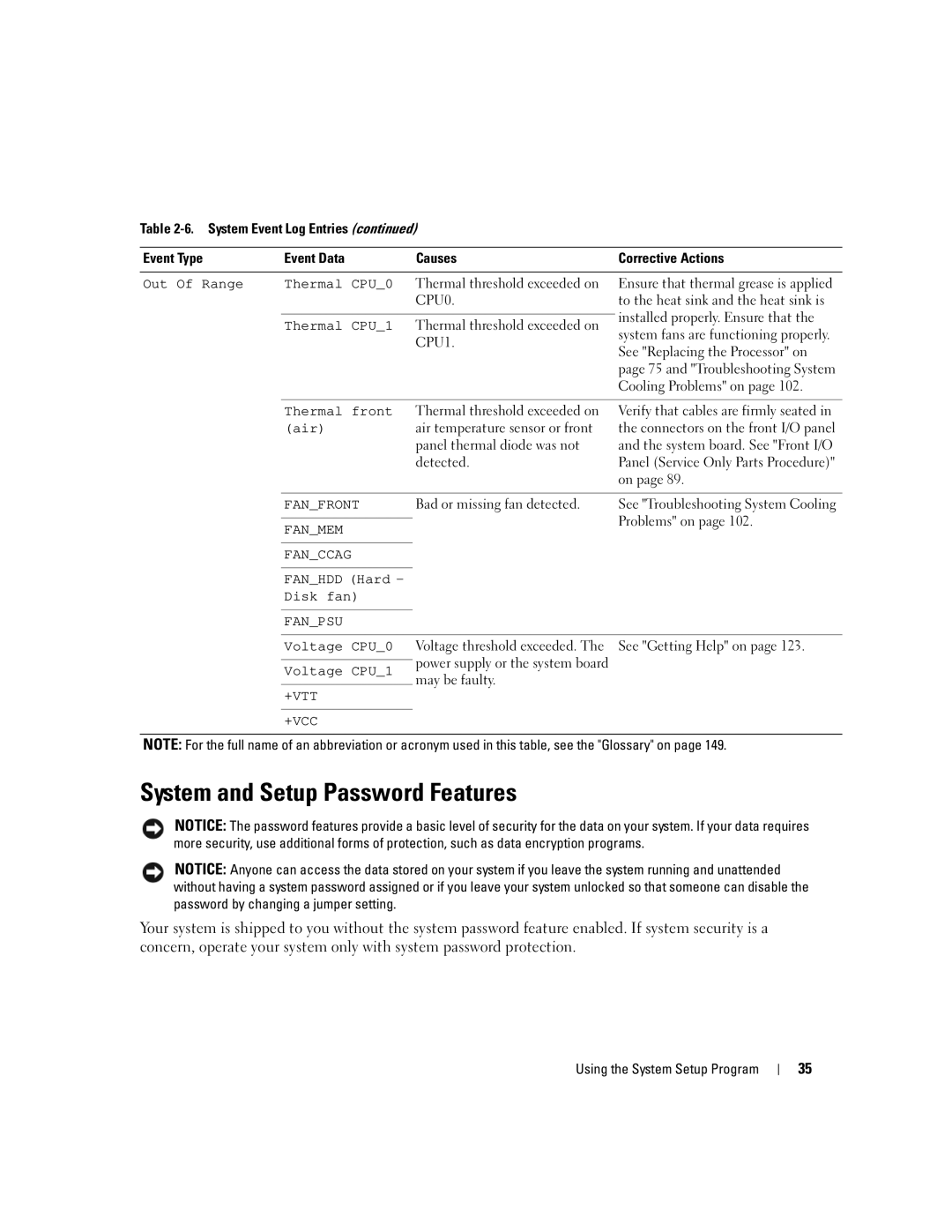 Dell SC1430 owner manual System and Setup Password Features, See Replacing the Processor on, Cooling Problems on 