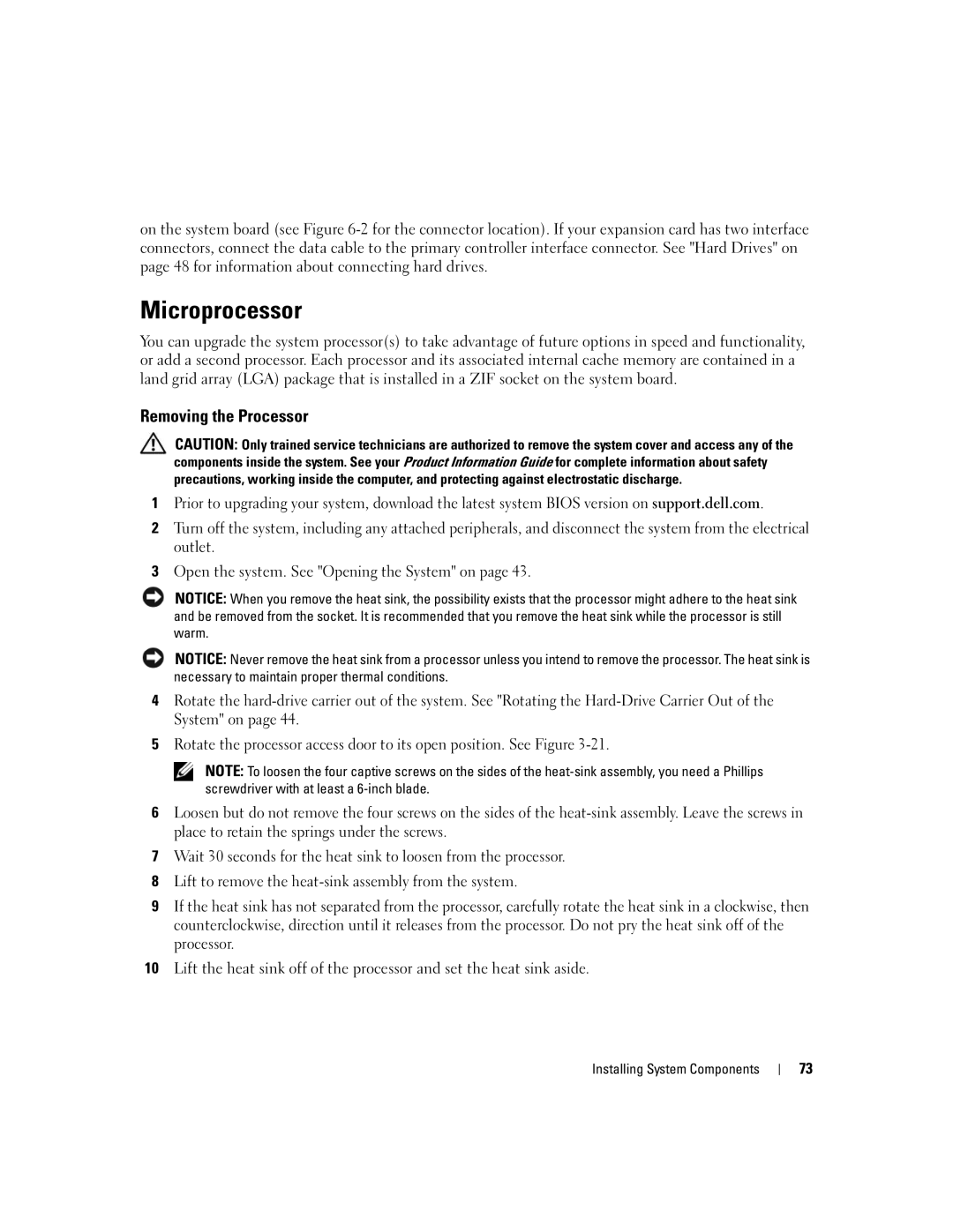 Dell SC1430 owner manual Microprocessor, Removing the Processor 