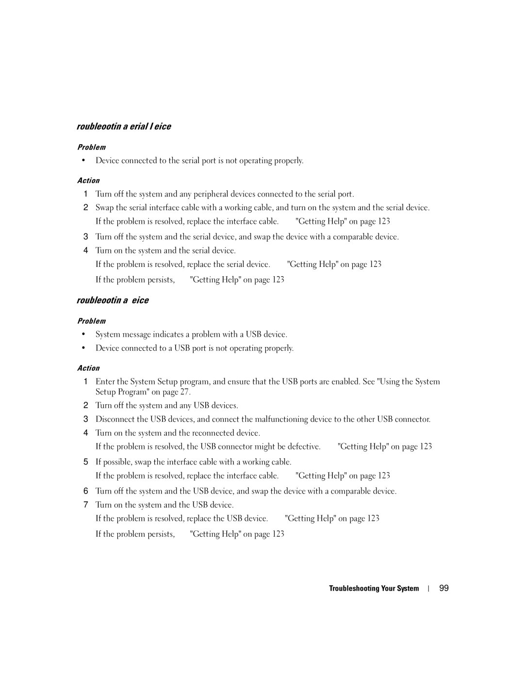 Dell SC1430 owner manual Troubleshooting a Serial I/O Device, Troubleshooting a USB Device 