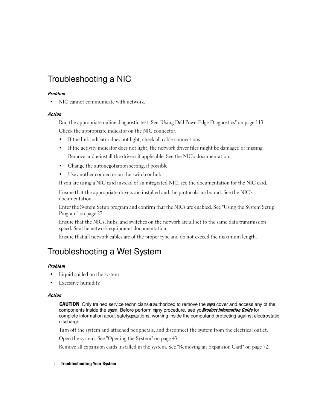 Dell SC1430 owner manual Troubleshooting a NIC, Troubleshooting a Wet System, NIC cannot communicate with network 