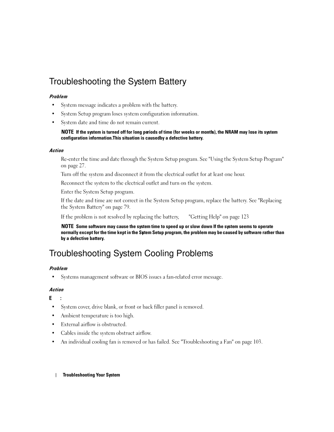 Dell SC1430 owner manual Troubleshooting the System Battery, Troubleshooting System Cooling Problems 