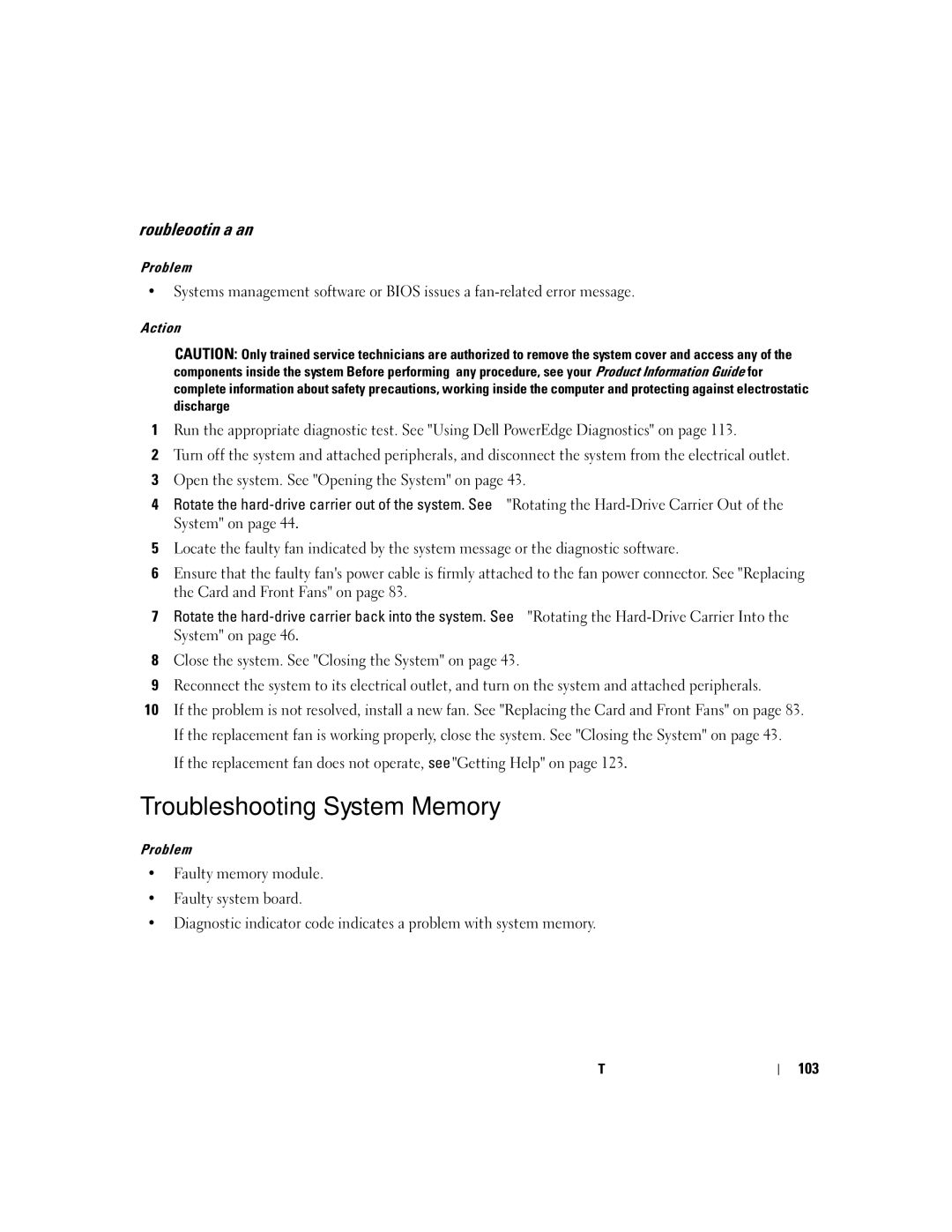 Dell SC1430 owner manual Troubleshooting System Memory, Troubleshooting a Fan, 103 