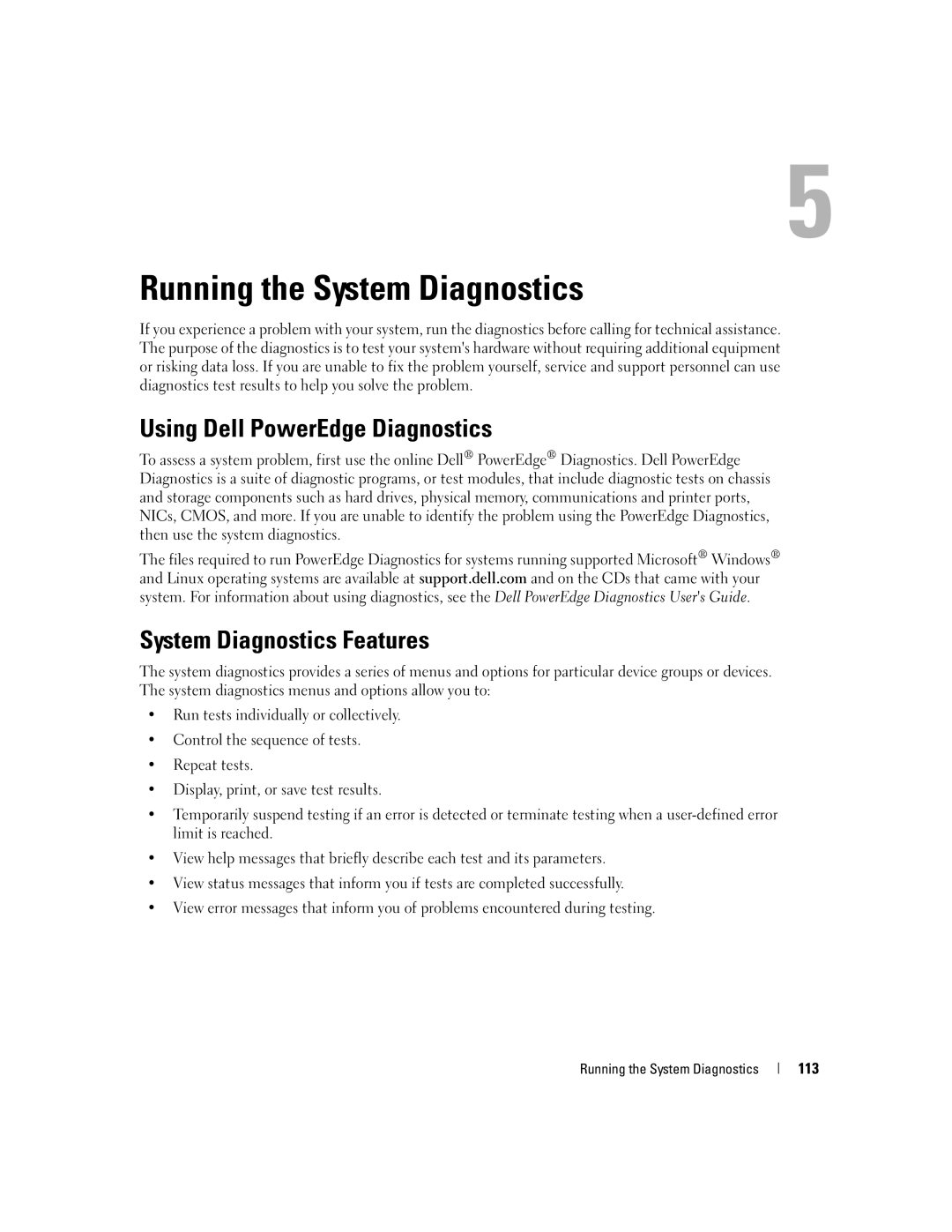 Dell SC1430 owner manual Using Dell PowerEdge Diagnostics, System Diagnostics Features, 113, Running the System Diagnostics 