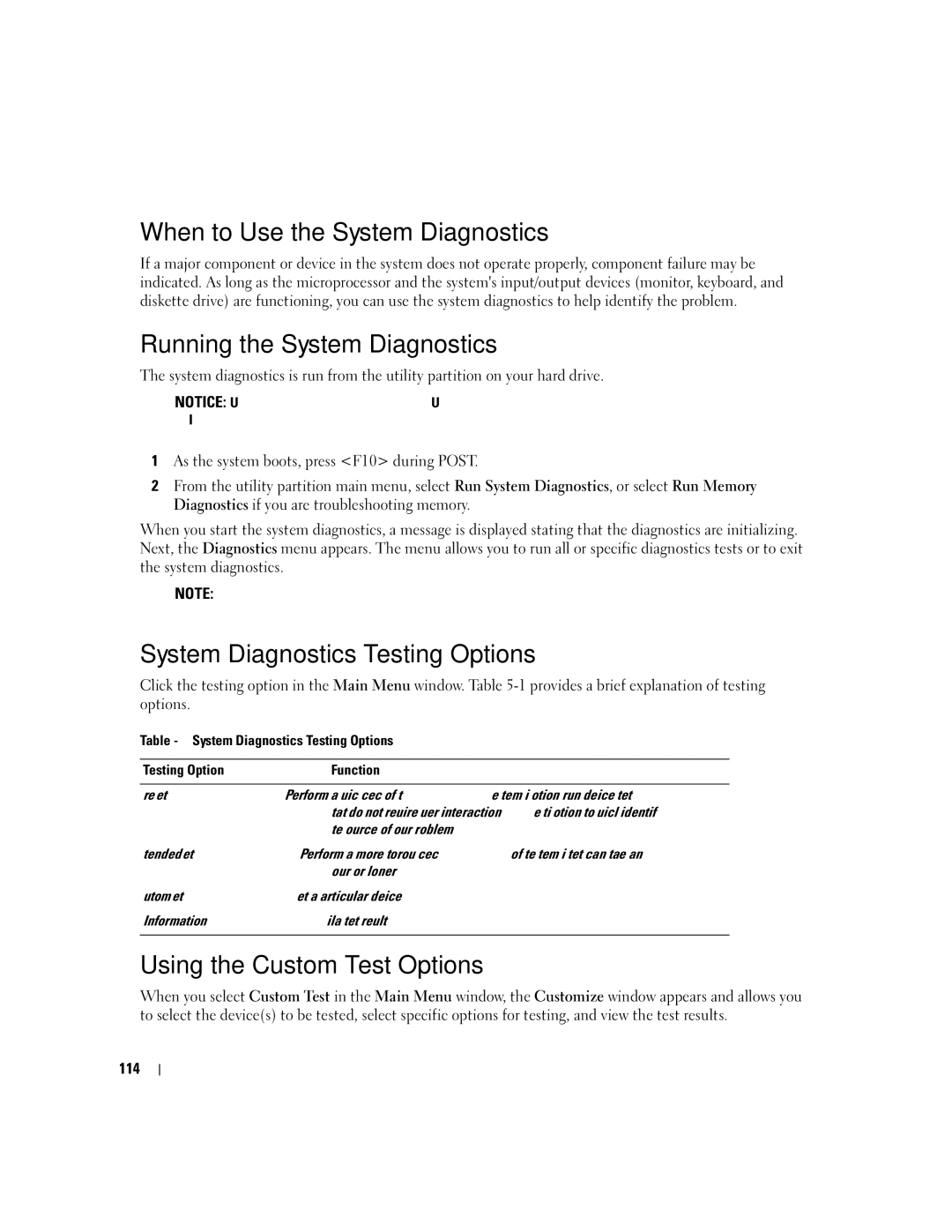 Dell SC1430 When to Use the System Diagnostics, Running the System Diagnostics, System Diagnostics Testing Options, 114 
