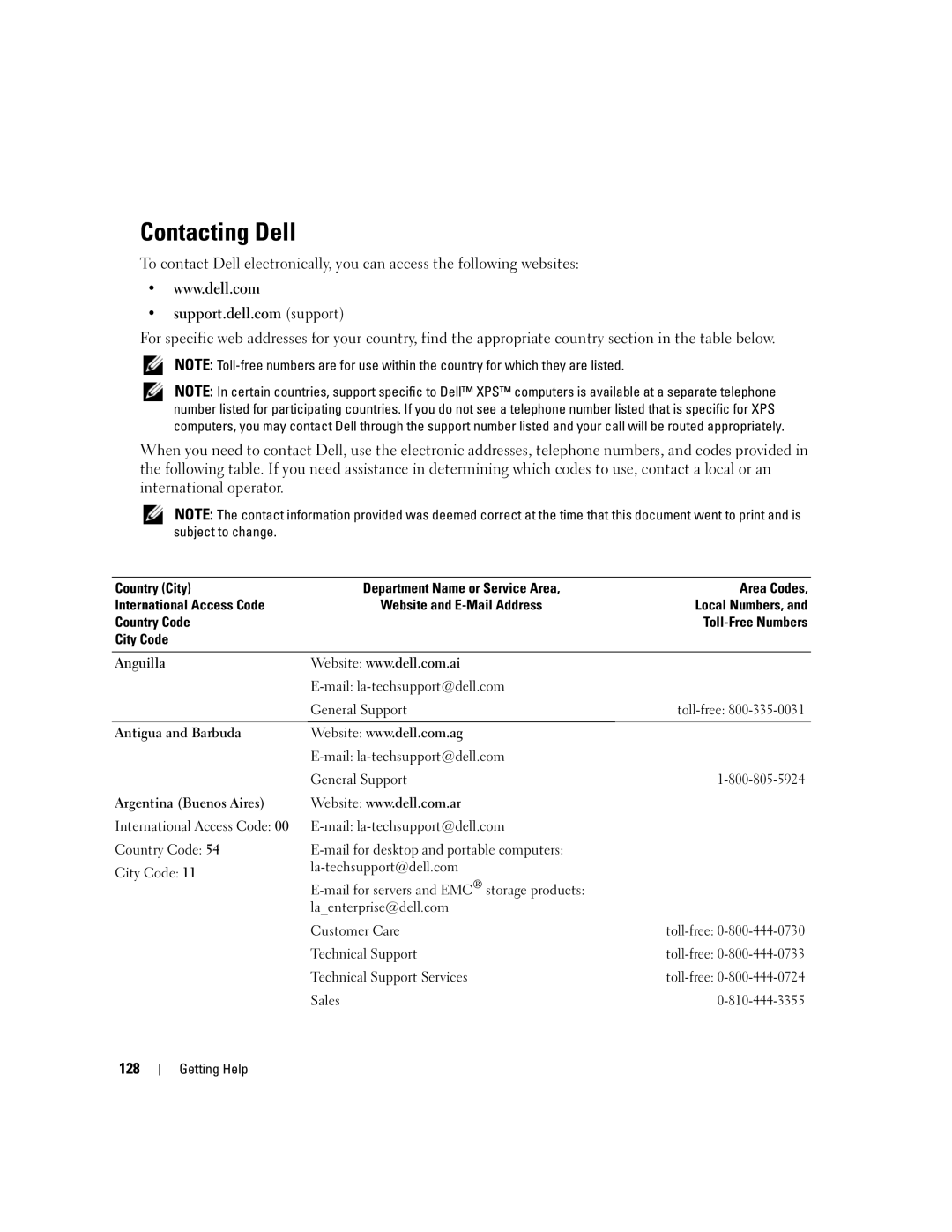 Dell SC1430 owner manual Contacting Dell, 128, Mail la-techsupport@dell.com General Support Toll-free 