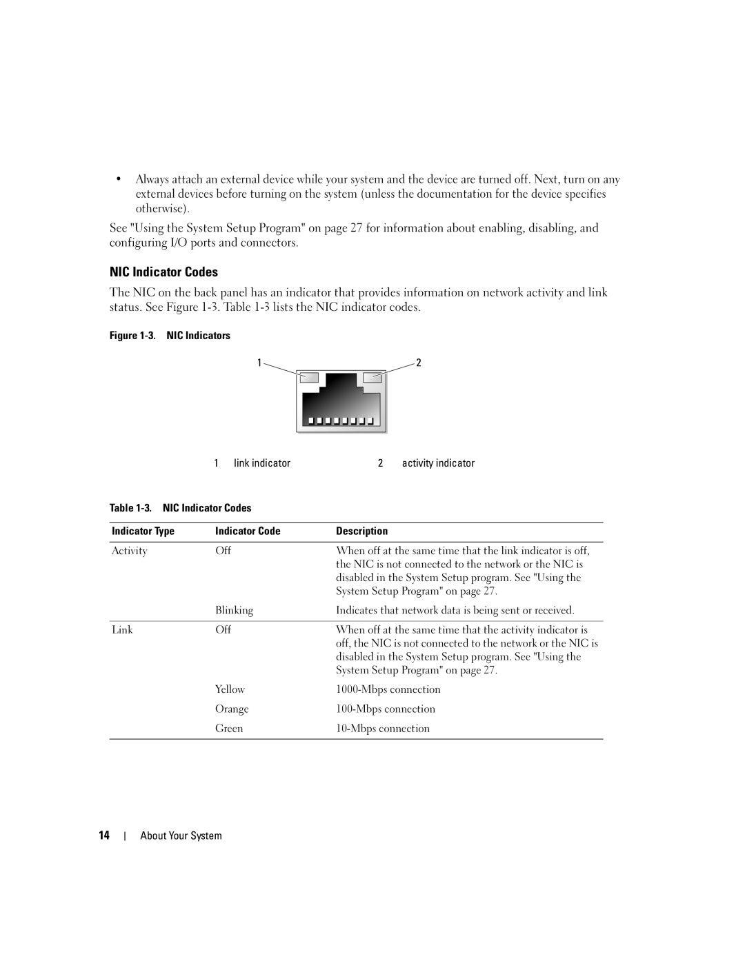 Dell SC1430 NIC Indicator Codes, System Setup Program on, Yellow Mbps connection Orange Green About Your System 