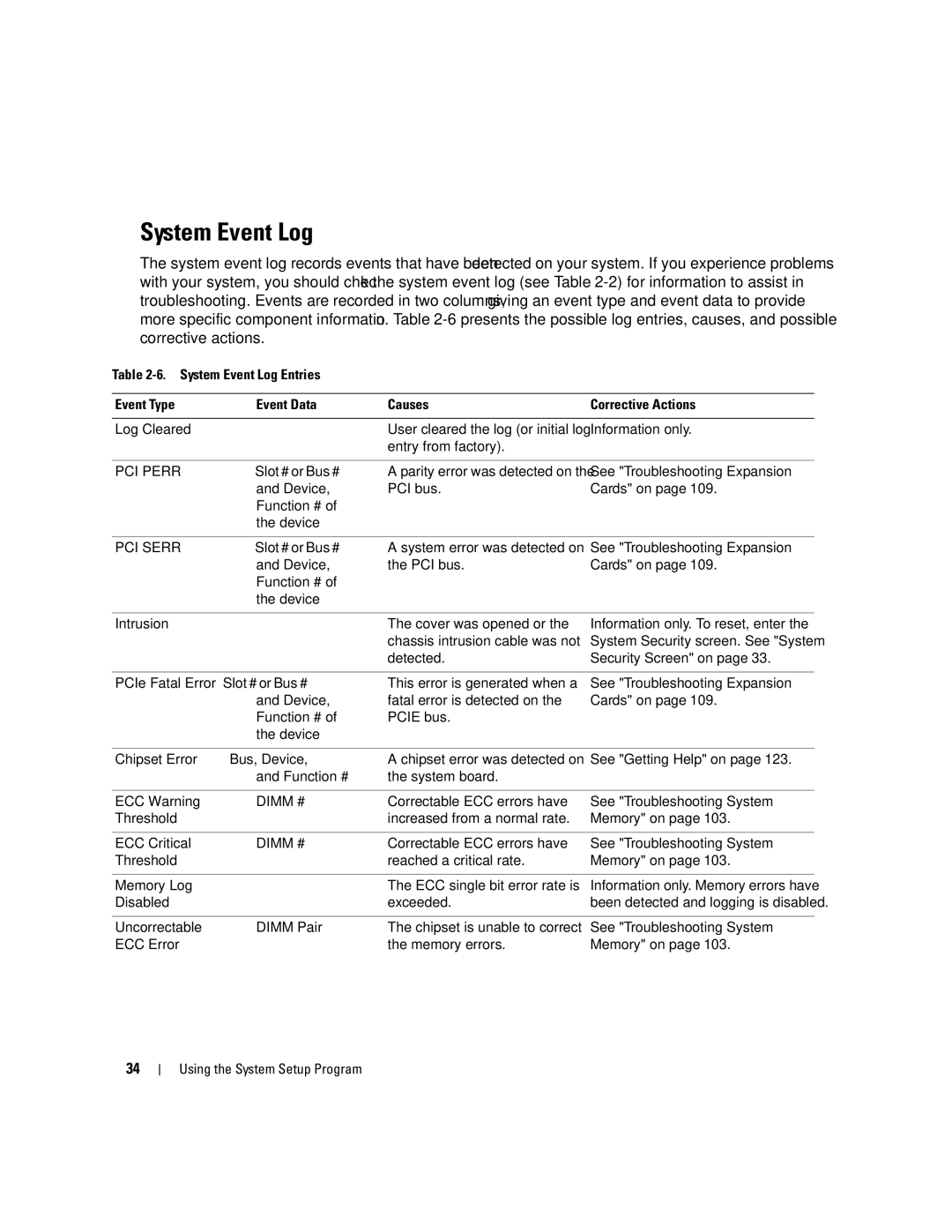 Dell SC1430 owner manual System Event Log 