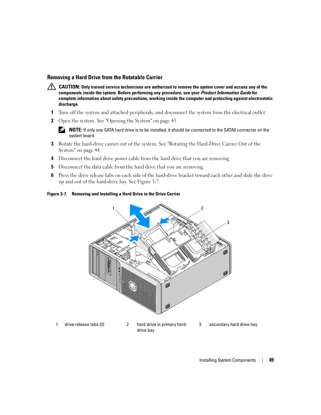 Dell SC1430 owner manual Removing a Hard Drive from the Rotatable Carrier, Drive bay Installing System Components 