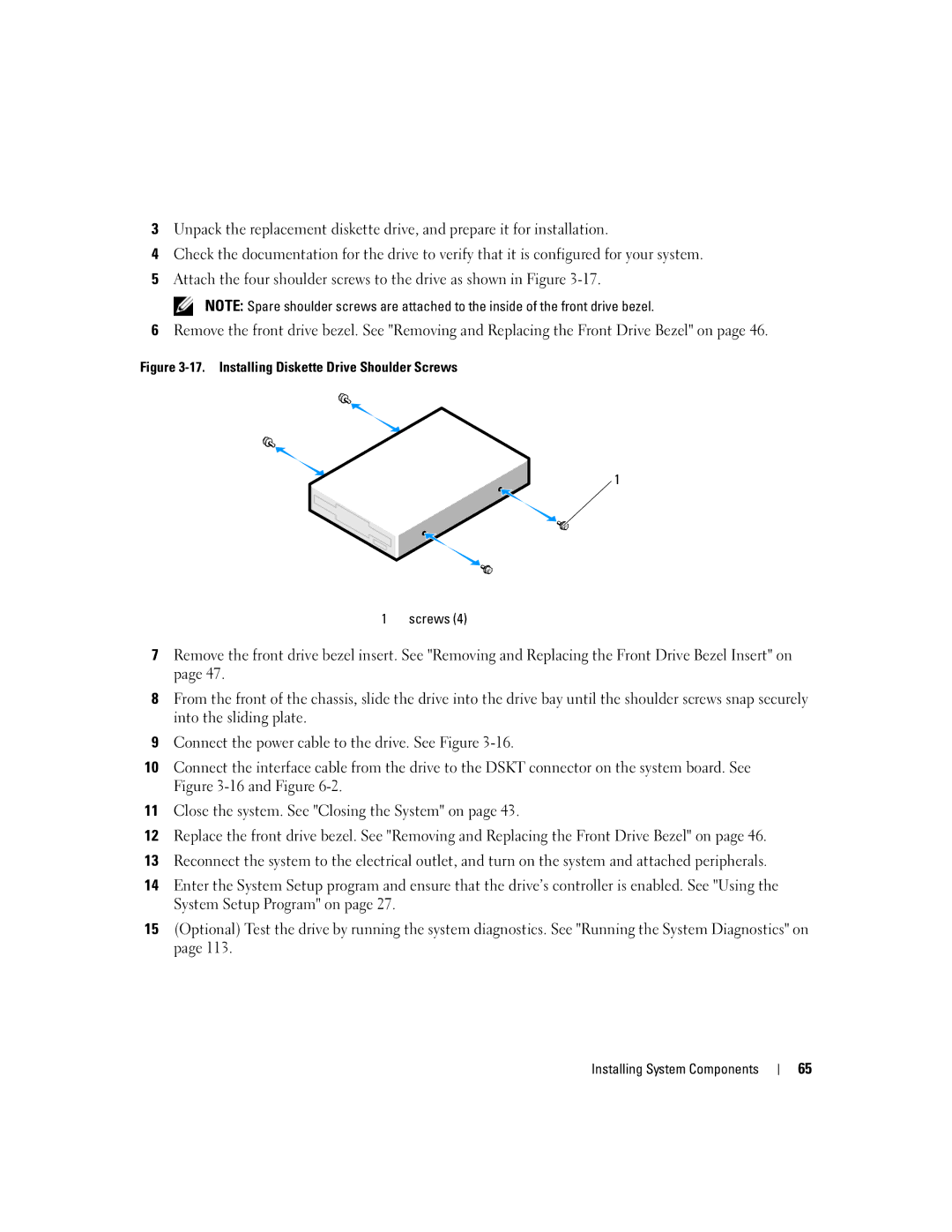 Dell SC1430 owner manual Installing Diskette Drive Shoulder Screws 