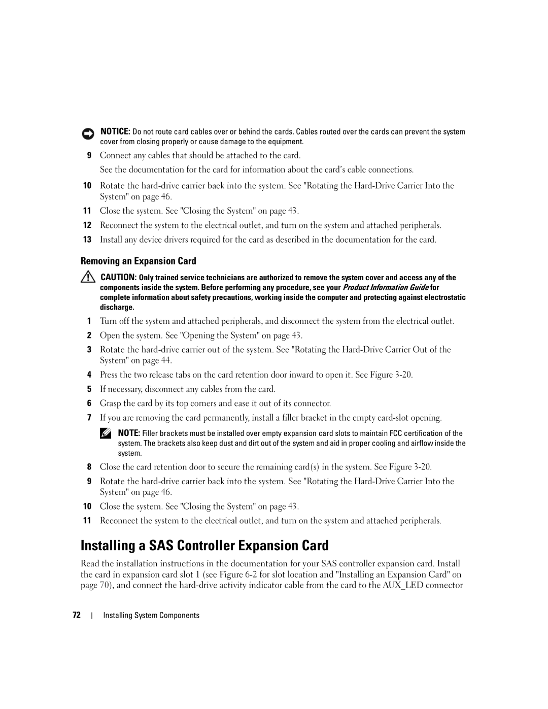 Dell SC1430 owner manual Installing a SAS Controller Expansion Card, Removing an Expansion Card 