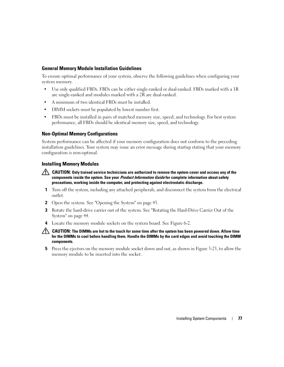 Dell SC1430 General Memory Module Installation Guidelines, Non-Optimal Memory Configurations, Installing Memory Modules 