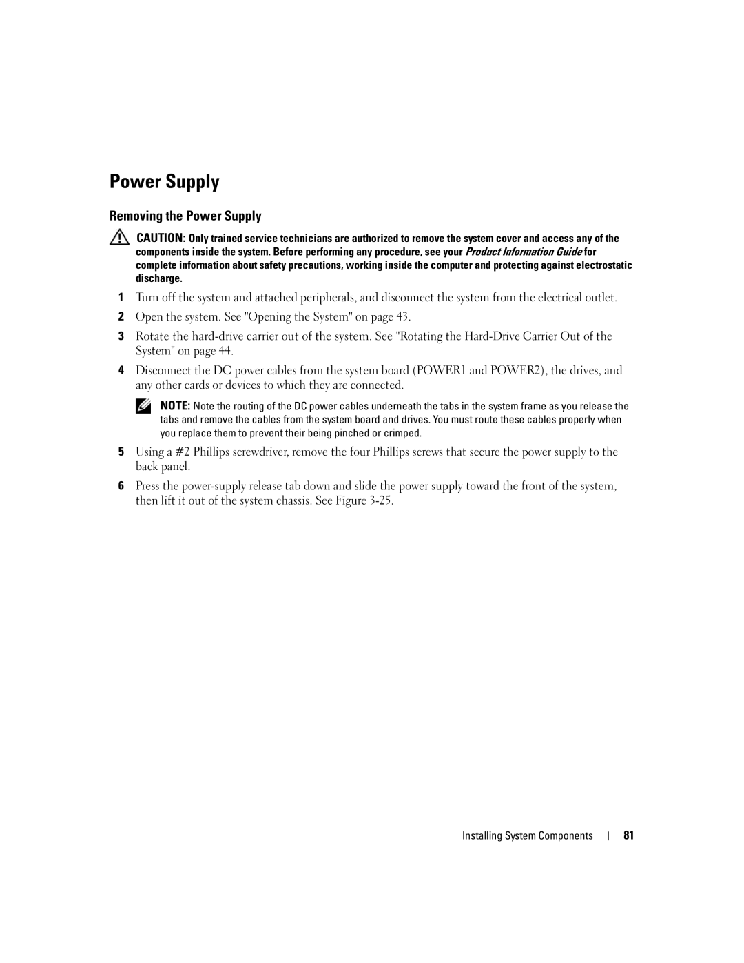 Dell SC1430 owner manual Removing the Power Supply 